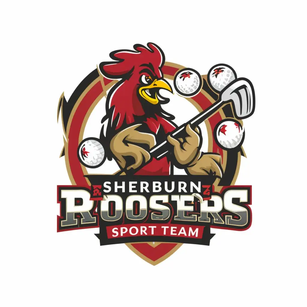 LOGO-Design-for-Sherburn-Roosters-Fierce-Cartoon-Rooster-with-Golf-Club-Bold-Colors-and-Modern-Sports-Style
