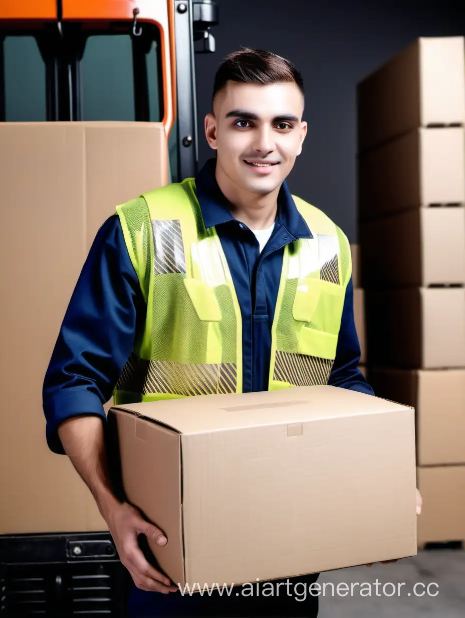 male loader in uniform holding carton box