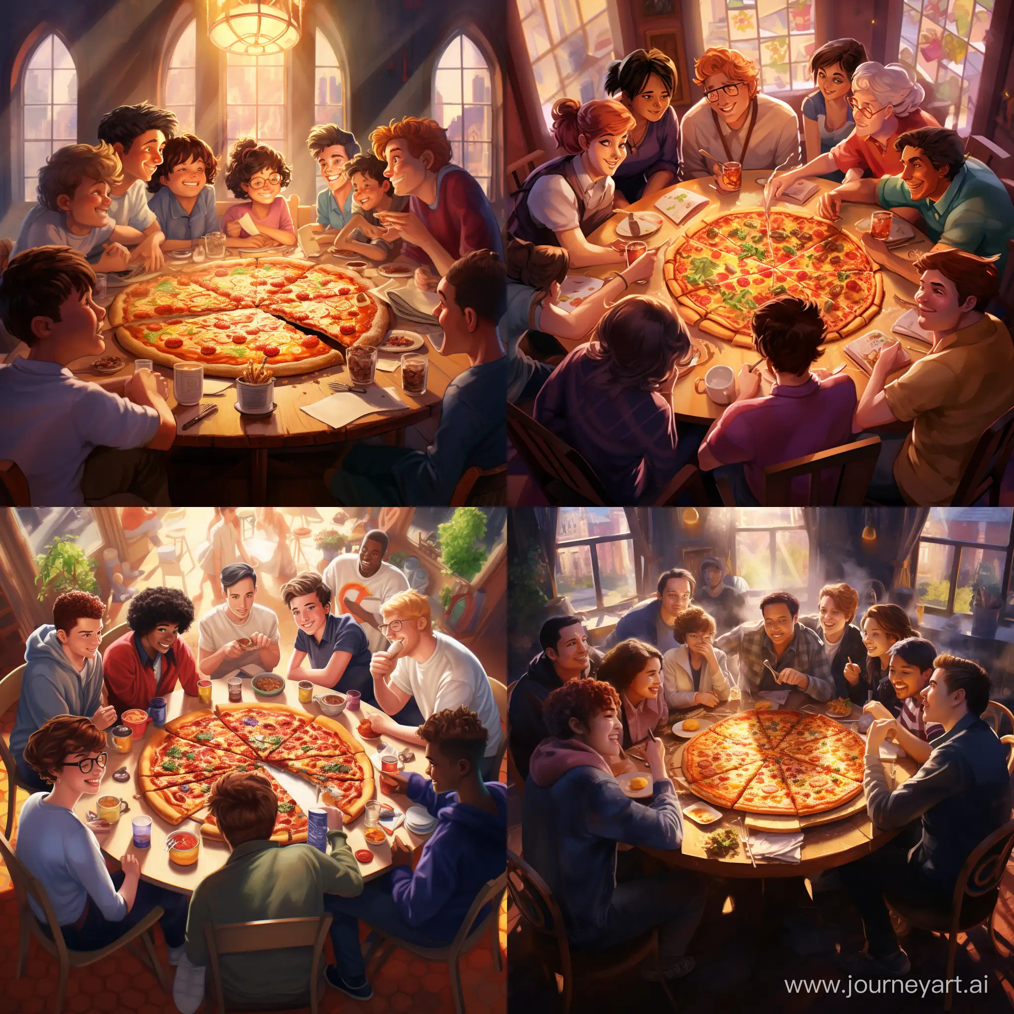 A group of people sitting around a round table eating a huge pizza. Realistic 