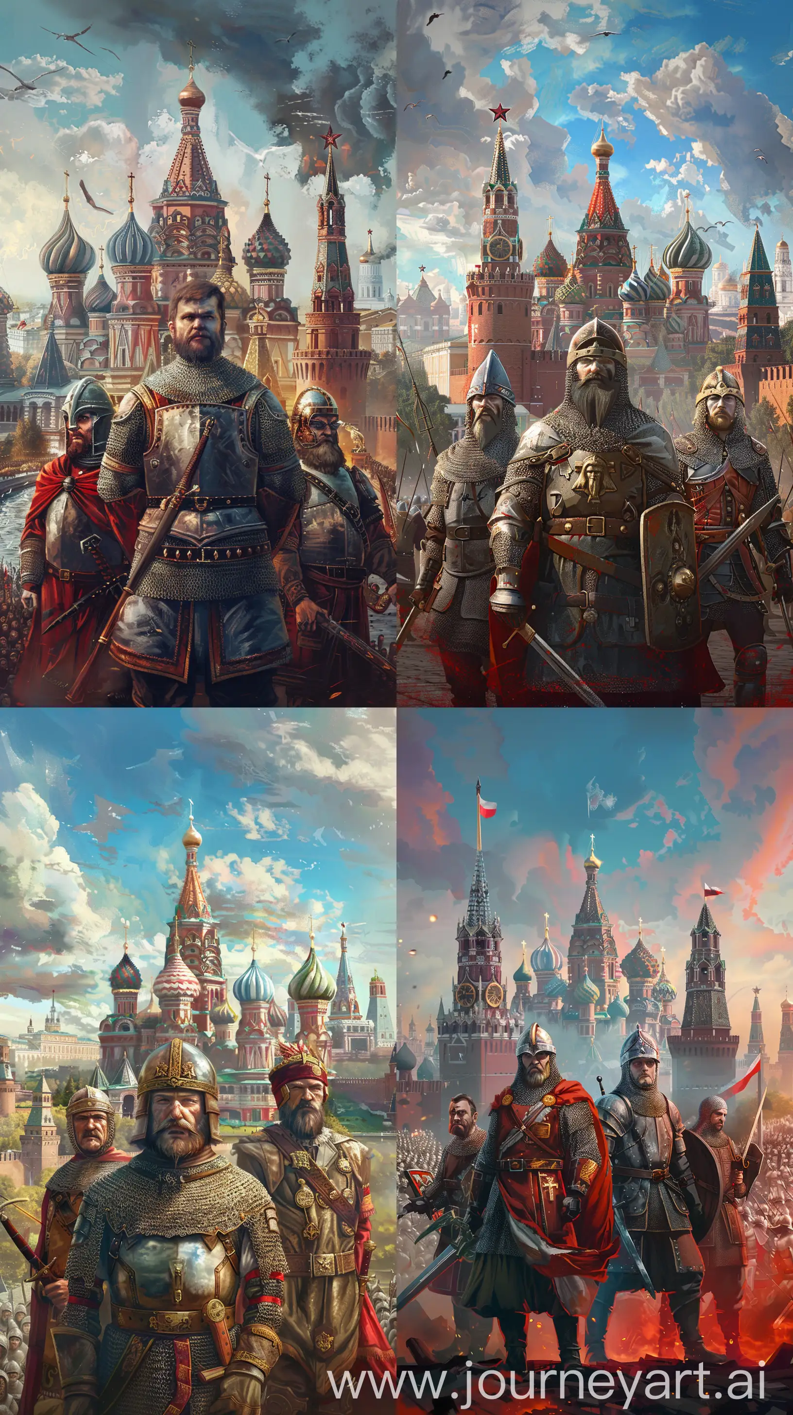Create an image of the Russian Empire for me, put monuments and characters of the era in it, in the foreground 3 Russian warriors. The first from the Middle Ages, the second from the Second World and the third from the modern era --ar 9:16 --v 6