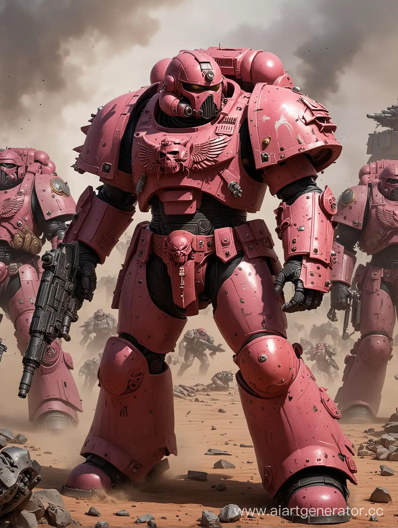 Draw the battle of the space marine unit of the Warhammer universe, the color of the armor combines red-pink and ambergris gray, against enemies