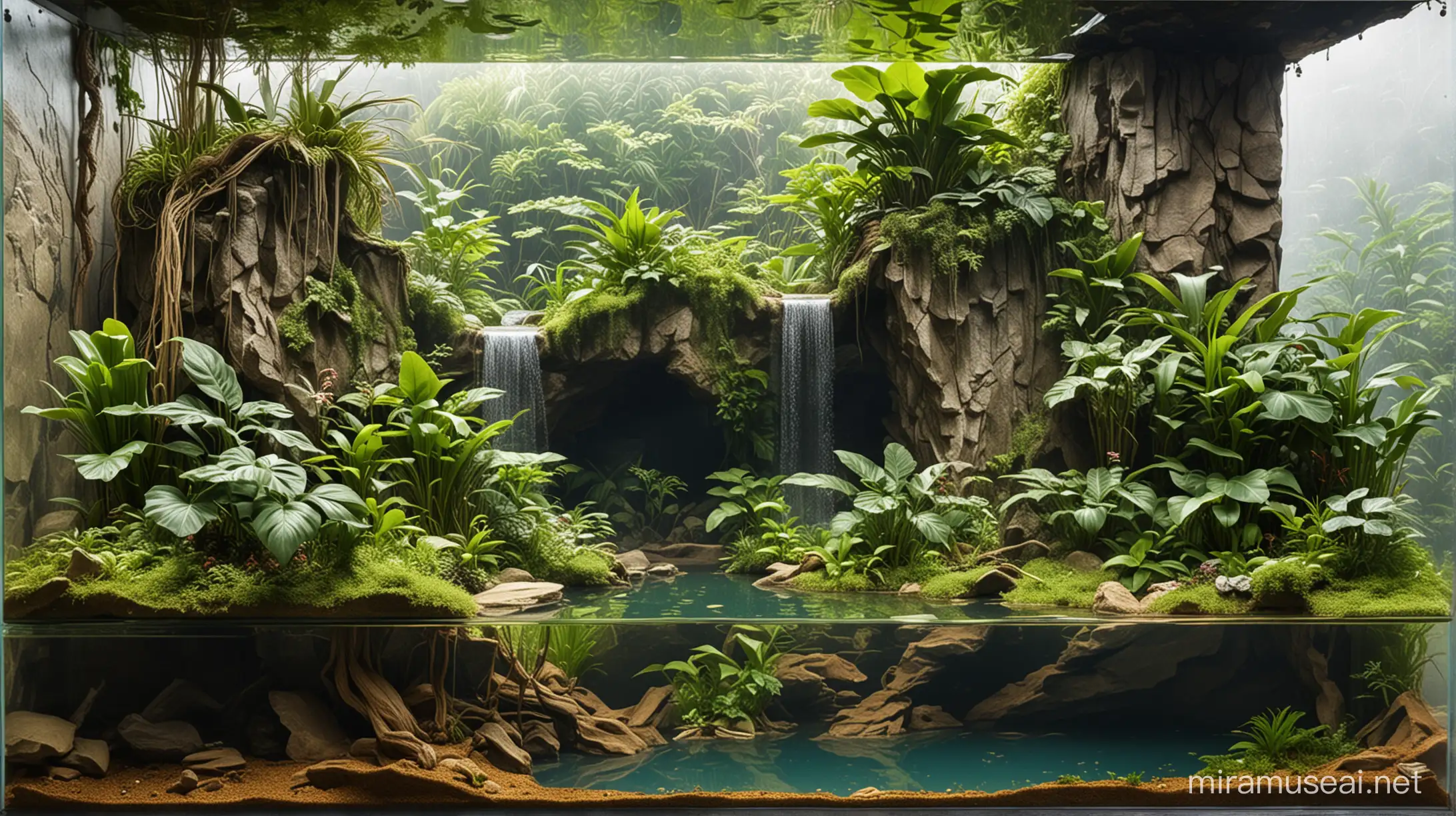 Tropical snake paludarium with high cliff waterfall and narrow lake-side and a large land area for the snake to bask in the sun.
