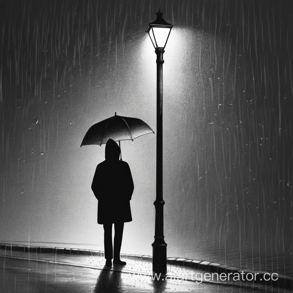 простой рисунок человека стоящего под фонарем во время дождя 