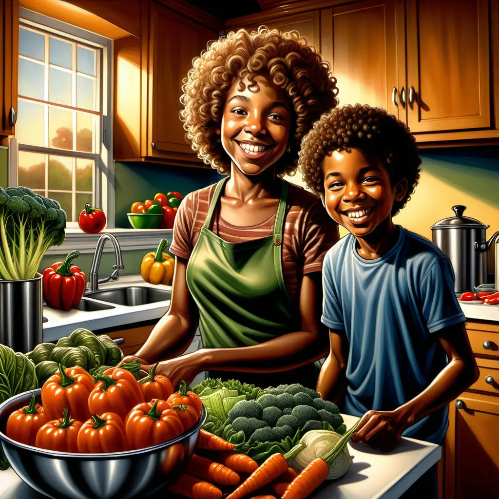 Ernie Barnes style cartoon african american 10 year old boy with curly hair smiling in the kitchen with the vegetables and his mother in the back