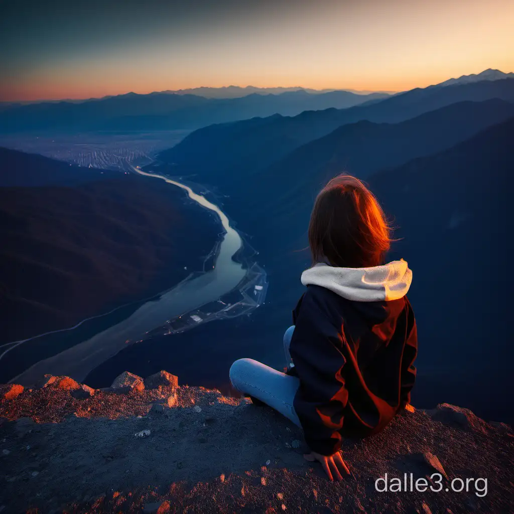 Девушка сидит спиной на краю земли на фоне гор и заката профессиональная фотография 