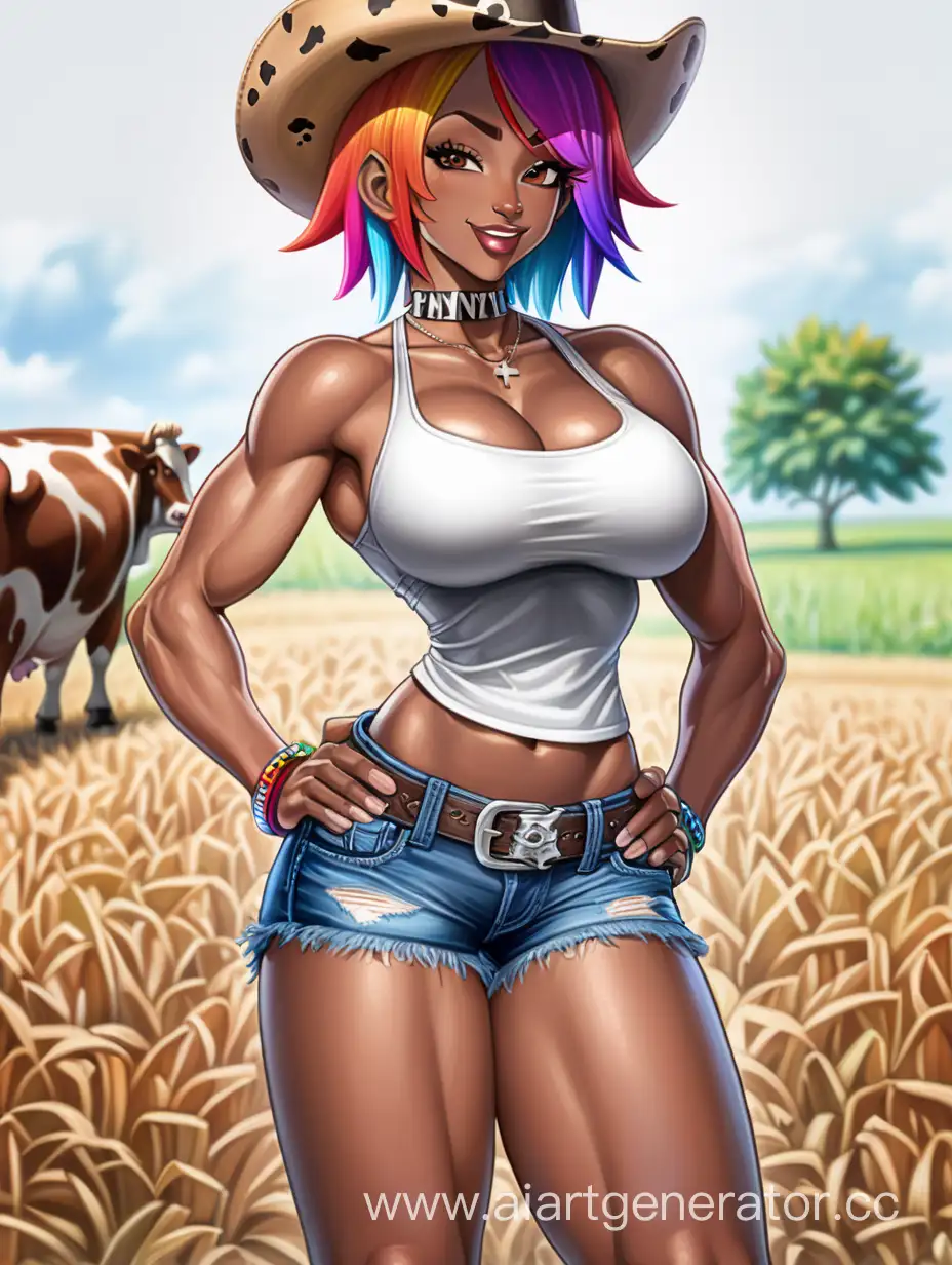 Serious-Smiling-Woman-with-Rainbow-Hair-on-Farm-Full-Body-View-with-Cowboy-Hat-and-Unique-Attire