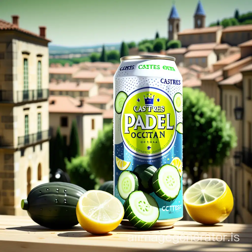 Carbonated beverage "CASTRES OCCITAN PADEL" with CUCUMBER essence: CASTRES CITY background, NATURAL lighting, LEMON adjustment, harmonious shades of GREEN, SODA can element, clear focus, SUMMER atmosphere