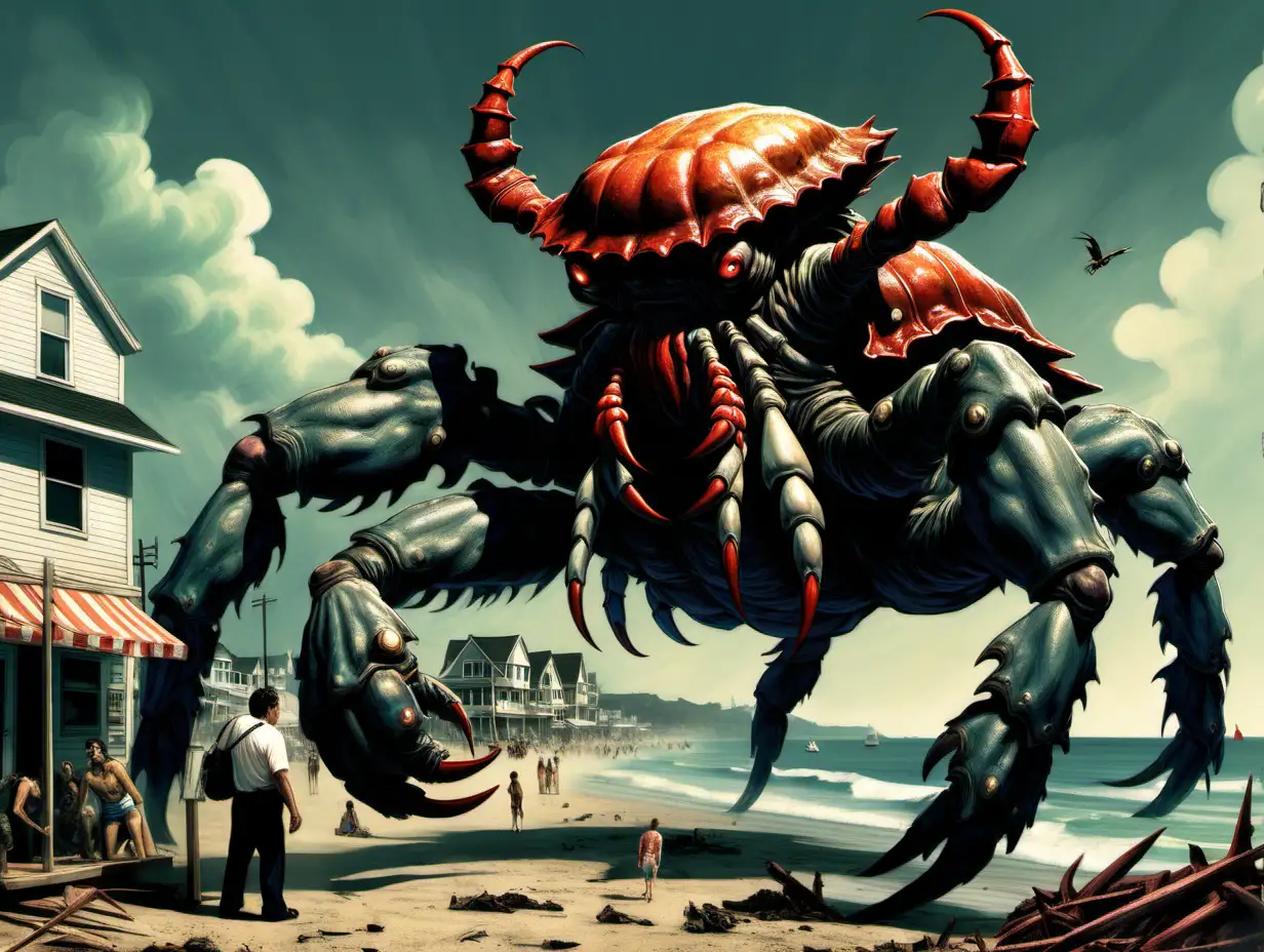 Razetta Style Dark Fantasy Giant Kaiju Hybrid DonkeyFaced Crab Rampaging Coastal Town