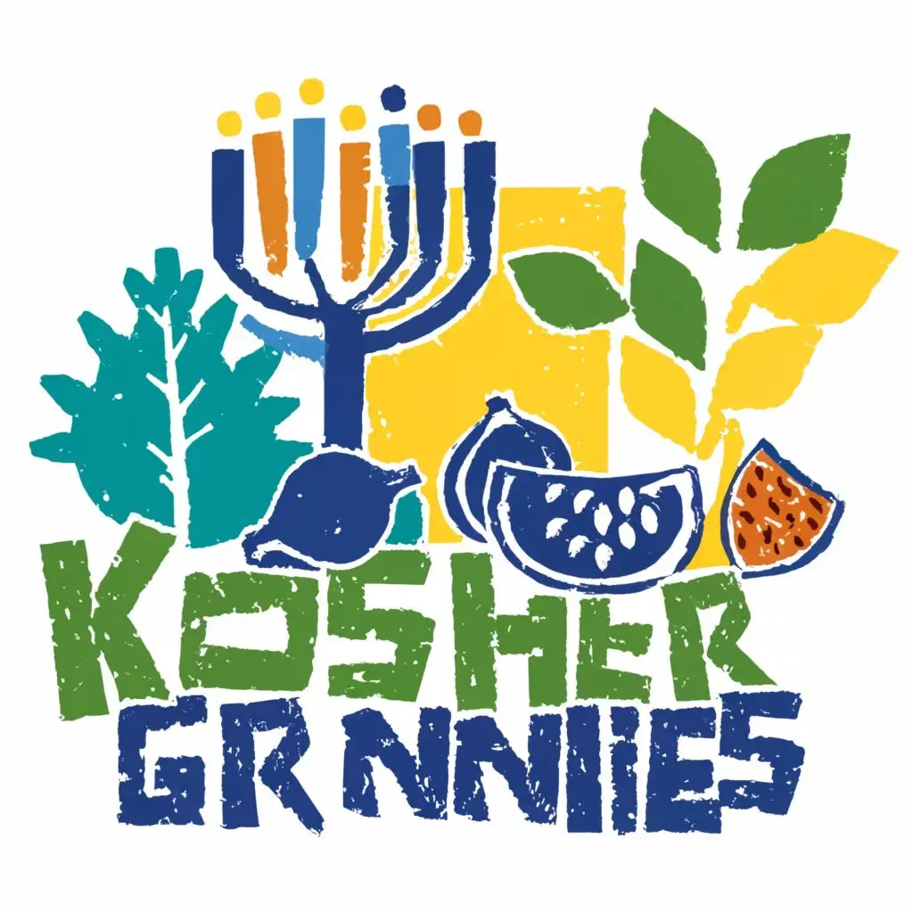 logo, Israel, yellow, blue, white, green, Menorah, Paul Klee, fig, jewish granny, with the text "Kosher Grannies", typography, be used in Automotive industry