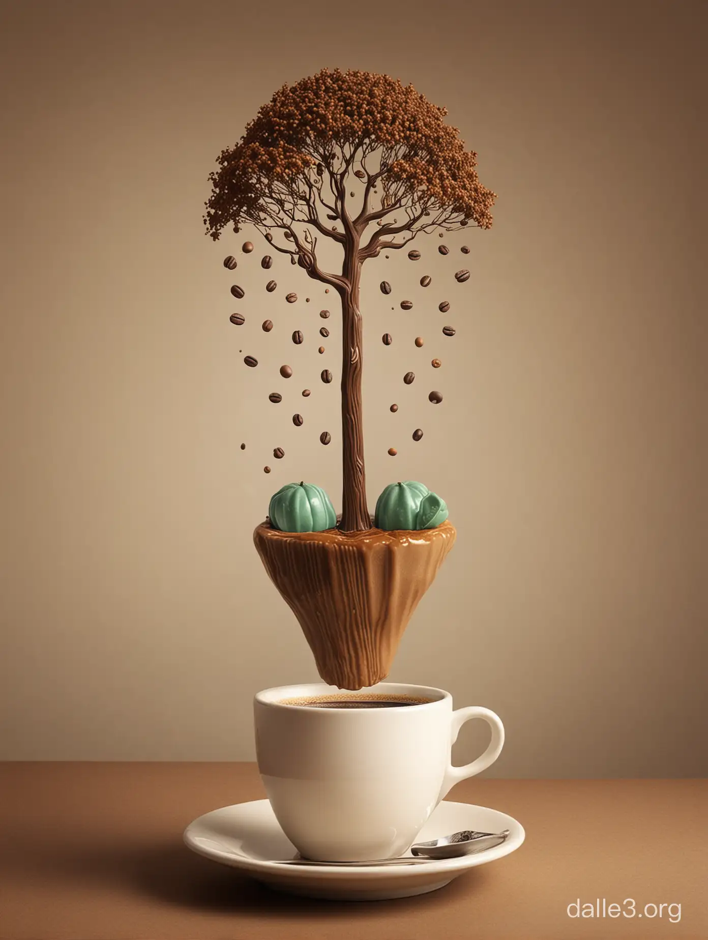 Surrealist Coffee Odyssey - Inspired by Rene Magritte: Playful visual metaphors, floating objects, and unexpected juxtapositions reminiscent of Magritte's surrealism create a whimsical coffee scene that challenges perception and reality.