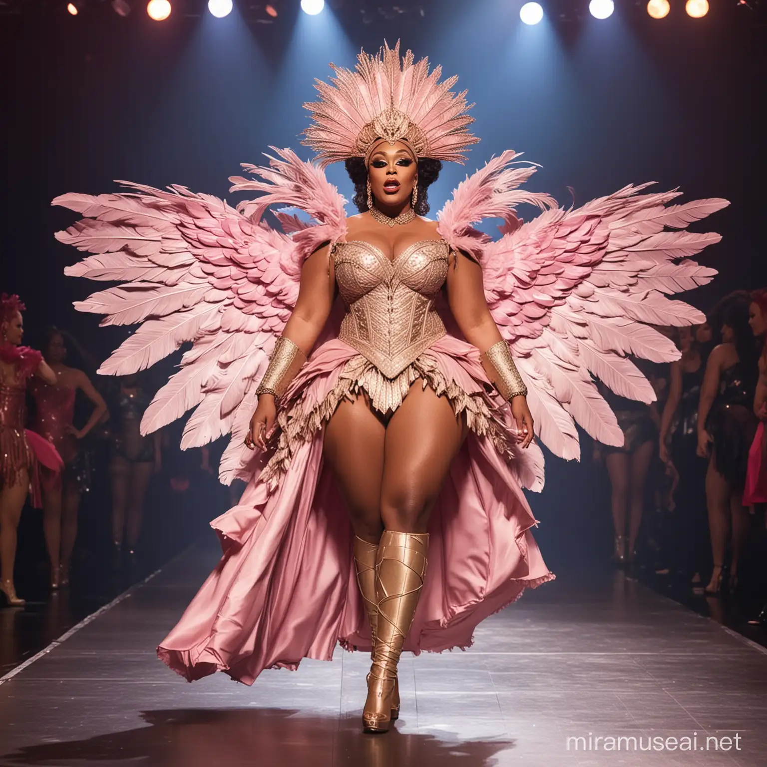 a full body image of a fat african american medieval inspired drag queen walking on the Rupaul's Drag race runway wearing an outfit inspired by the prompt: spread your wings