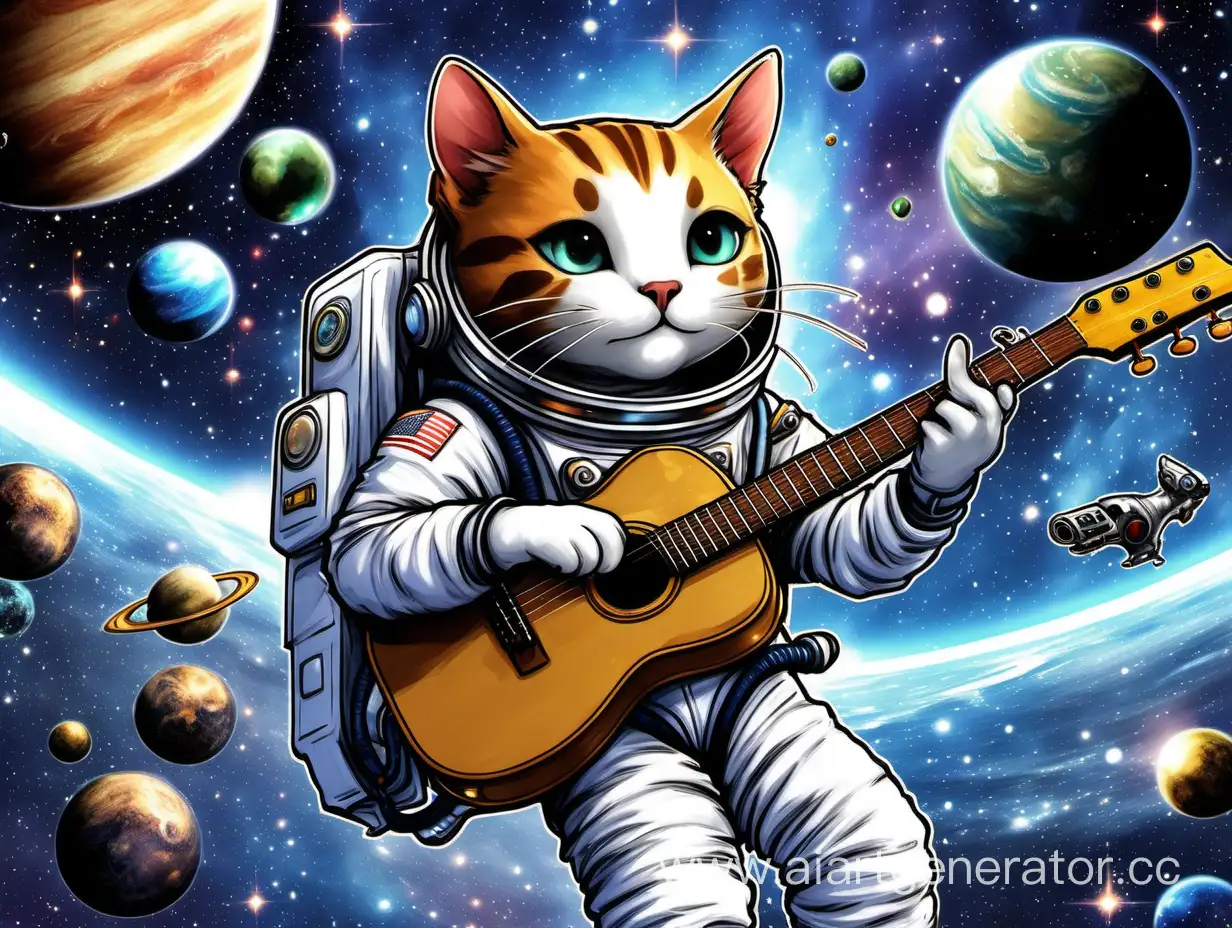 Аватар, на котором изображен кот в космическом костюме, который путешествует по галактике на своей космической лодке. В фоне видны звезды и планеты, а кот держит в руках свой любимый инструмент - гитару.