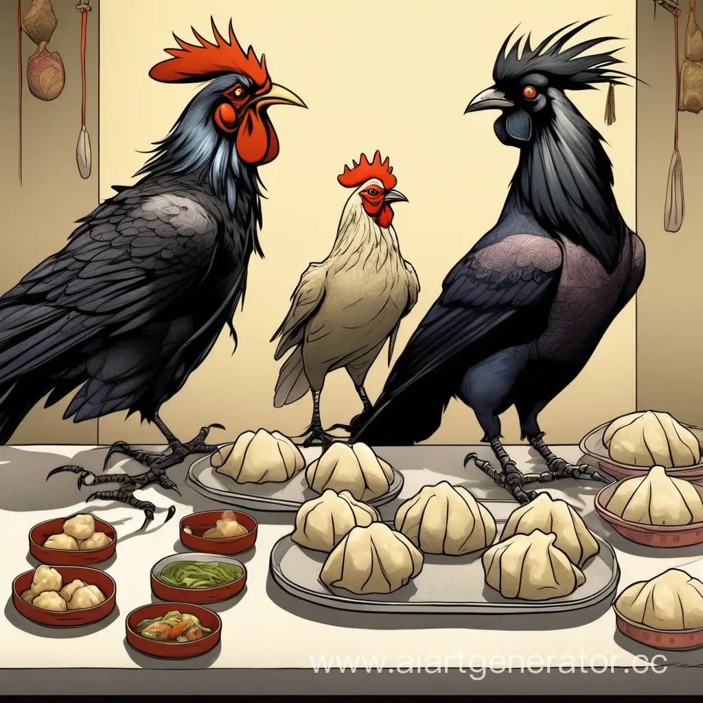 Curious-Birds-Admiring-Dumplings-on-Table
