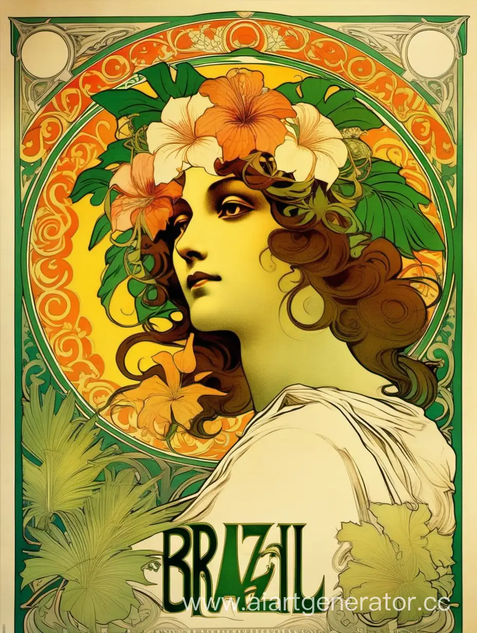 brazil, ornamental, alphonse mucha poster, tropical colors, 
