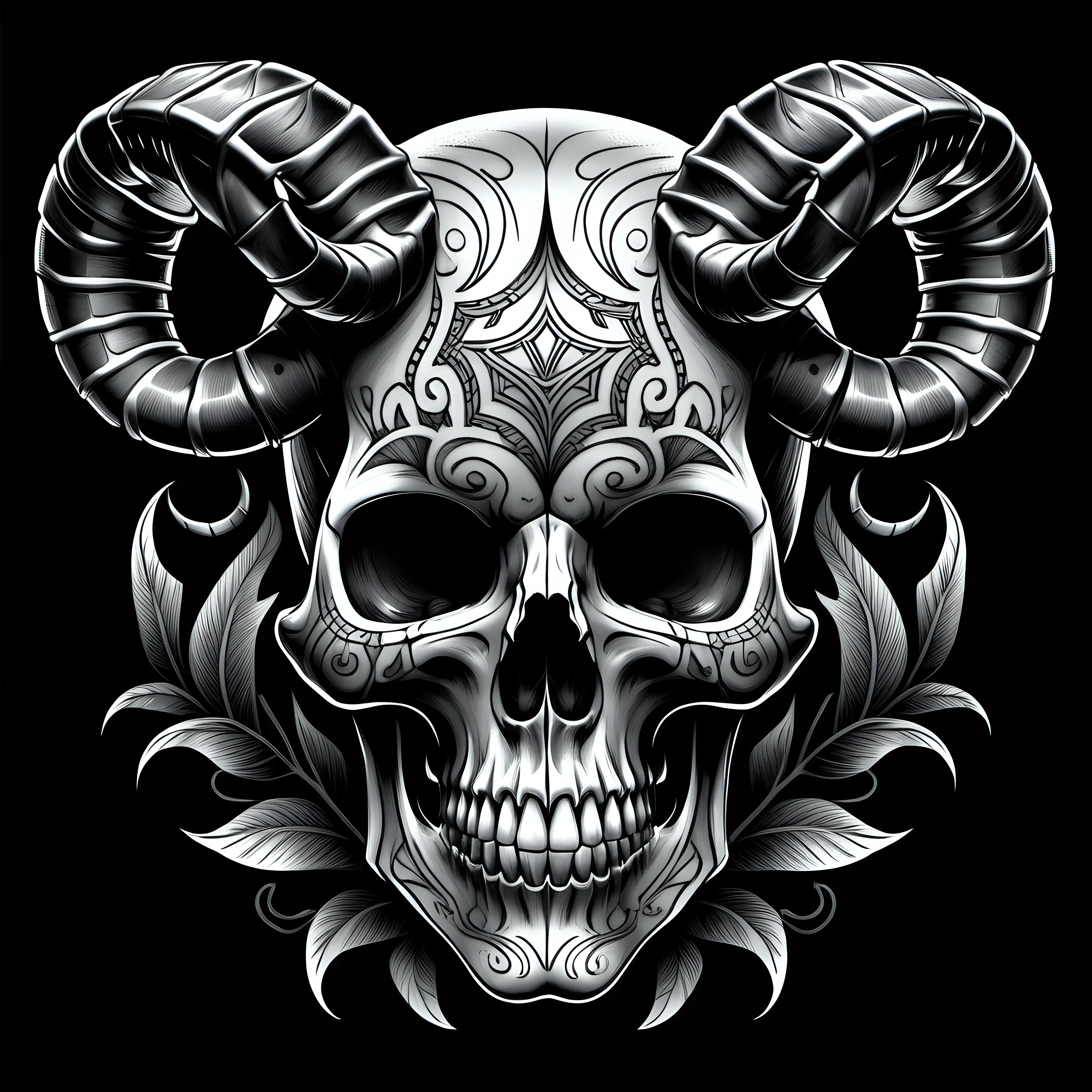 "Generate a striking and detailed outline of a tattooed female skull with prominent, curved horns with a Black background. The female skull should have clean and well-defined lines, emphasizing both the structure of the skull and the imposing nature of the horns, along with the tattoos. Ensure that the horns are distinct and add an element of dark elegance to the overall composition. Consider using subtle shading or contrast to enhance the visual impact of the skull and rams  horns. The final image should evoke a sense of mystique and strength. Black back ground
