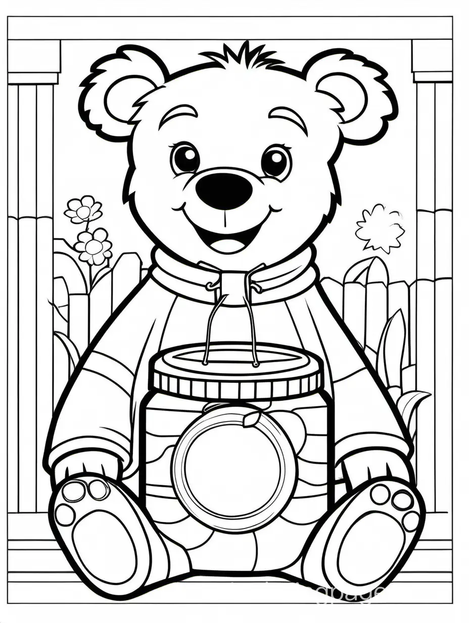 create a coloring page for a coloring book for toddlers of a A smiling bear holding a honey jar, thick black solid lines with white background, pixar style, Coloring Page, black and white, line art, white background, Simplicity, Ample White Space. The background of the coloring page is plain white to make it easy for young children to color within the lines. The outlines of all the subjects are easy to distinguish, making it simple for kids to color without too much difficulty, Coloring Page, black and white, line art, white background, Simplicity, Ample White Space. The background of the coloring page is plain white to make it easy for young children to color within the lines. The outlines of all the subjects are easy to distinguish, making it simple for kids to color without too much difficulty
