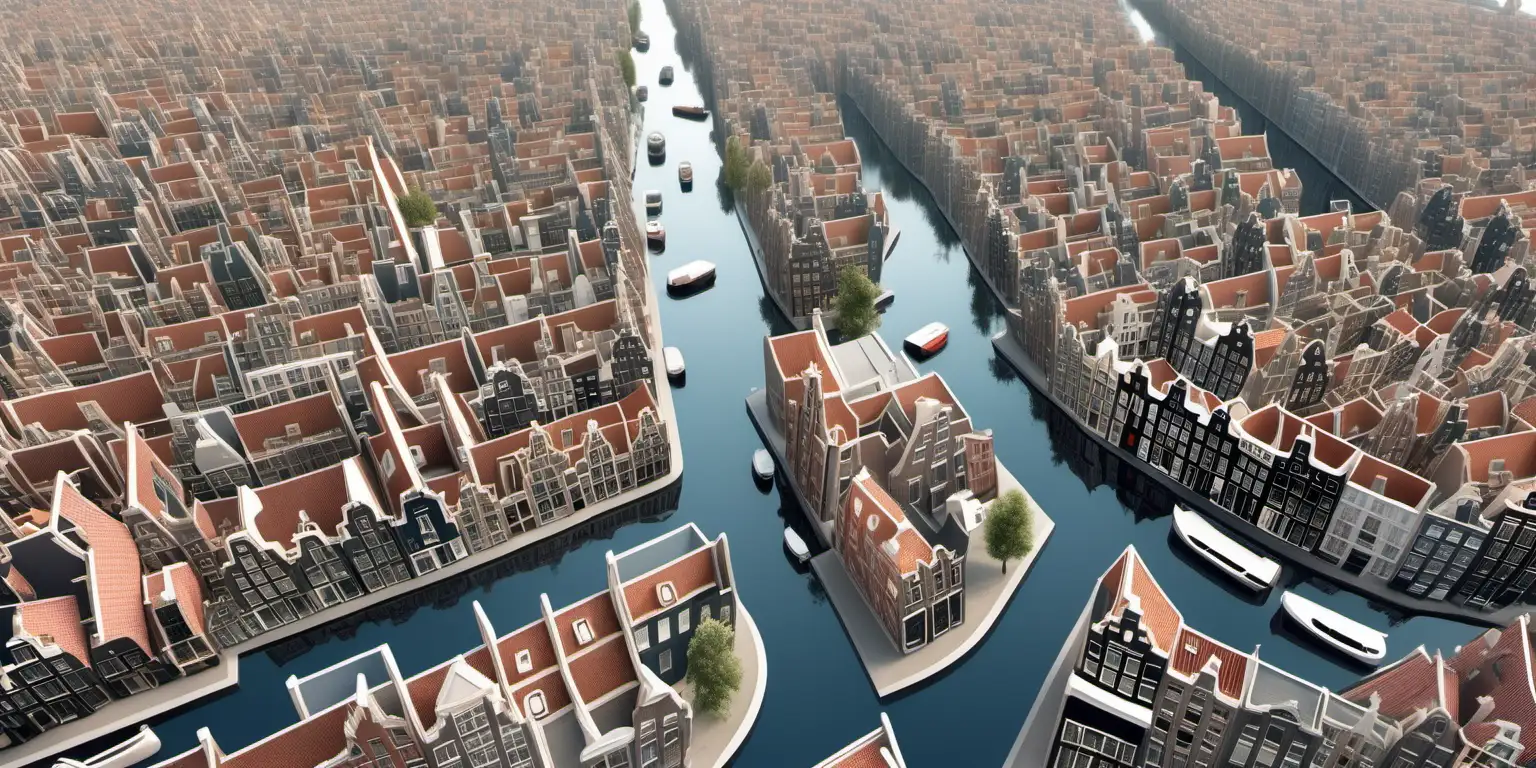 Creating a 3D representation of Amsterdam with houses and canals, limited to a height of 20 meters.
