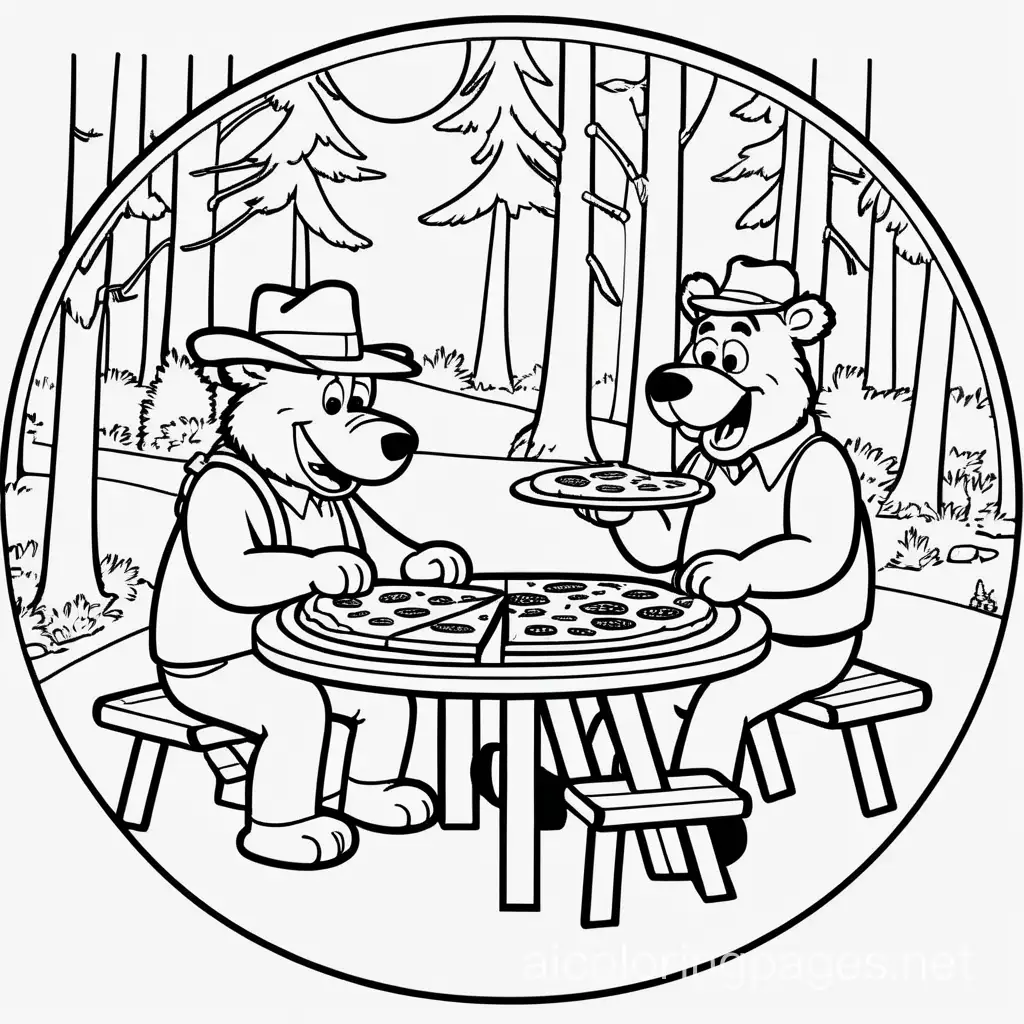 white background, black outlines, a moose and yogi bear sharing a large pizza at a picnic table with a bear in the woods, inside a circle, isolated in white space, Coloring Page, black and white, line art, white background, Simplicity, Ample White Space. The background of the coloring page is plain white to make it easy for young children to color within the lines. The outlines of all the subjects are easy to distinguish, making it simple for kids to color without too much difficulty