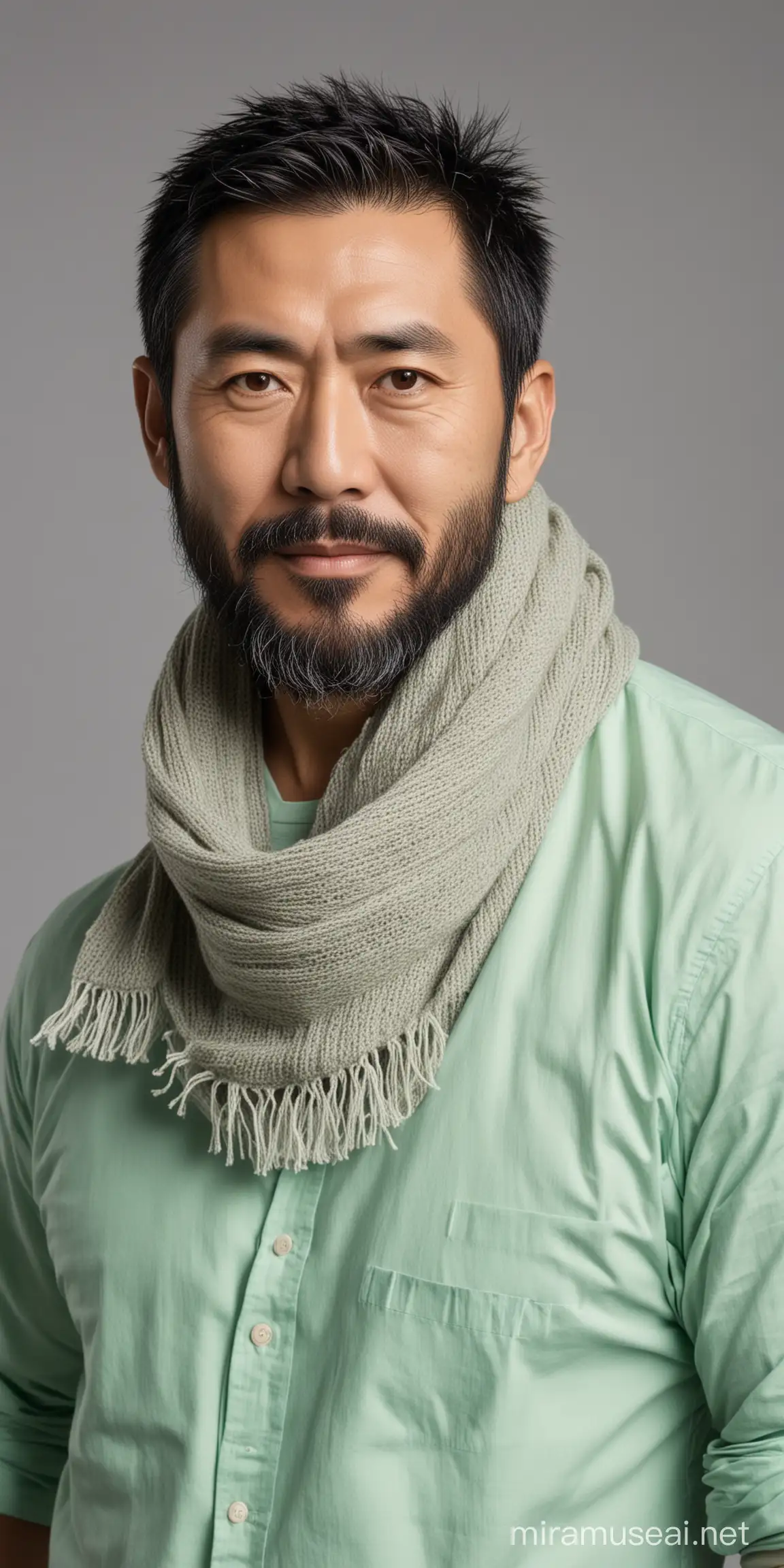 Muscular Japanese MiddleAged Man in Mint Green Shirt and Scarf