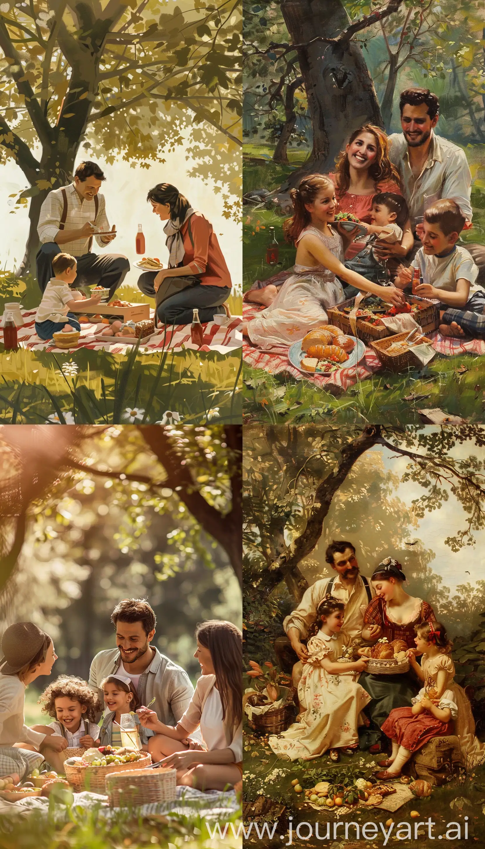 A family having a picnic in the park, very happy, in the style of the Italian painter Caravaggio, zoom out --v 6 --ar 4:7