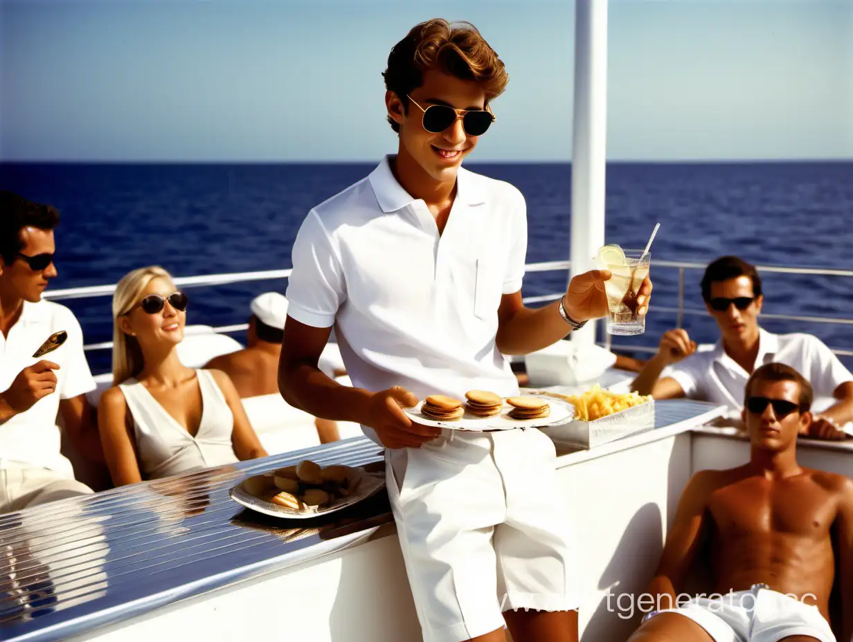 An 18 year old boy is on the deck of a large luxurious yacht. He is wearing an all-white Polo tennis shirt, short white tennis shorts, and white tennis shoes.  There is an afternoon party in progress at which all male businessmen are present.  The boy is serving drinks on a serving tray to men seated in lounge chairs situated on the deck overlooking a blue sea, they are wearing sunglasses and smoking cigars. As the boy serves drinks, he bends down at the waist as he serves with his free hand held behind his back like a servant. He smiles at the men, one of whom tucks a one hundred dollar bill into the pocket of his shorts.