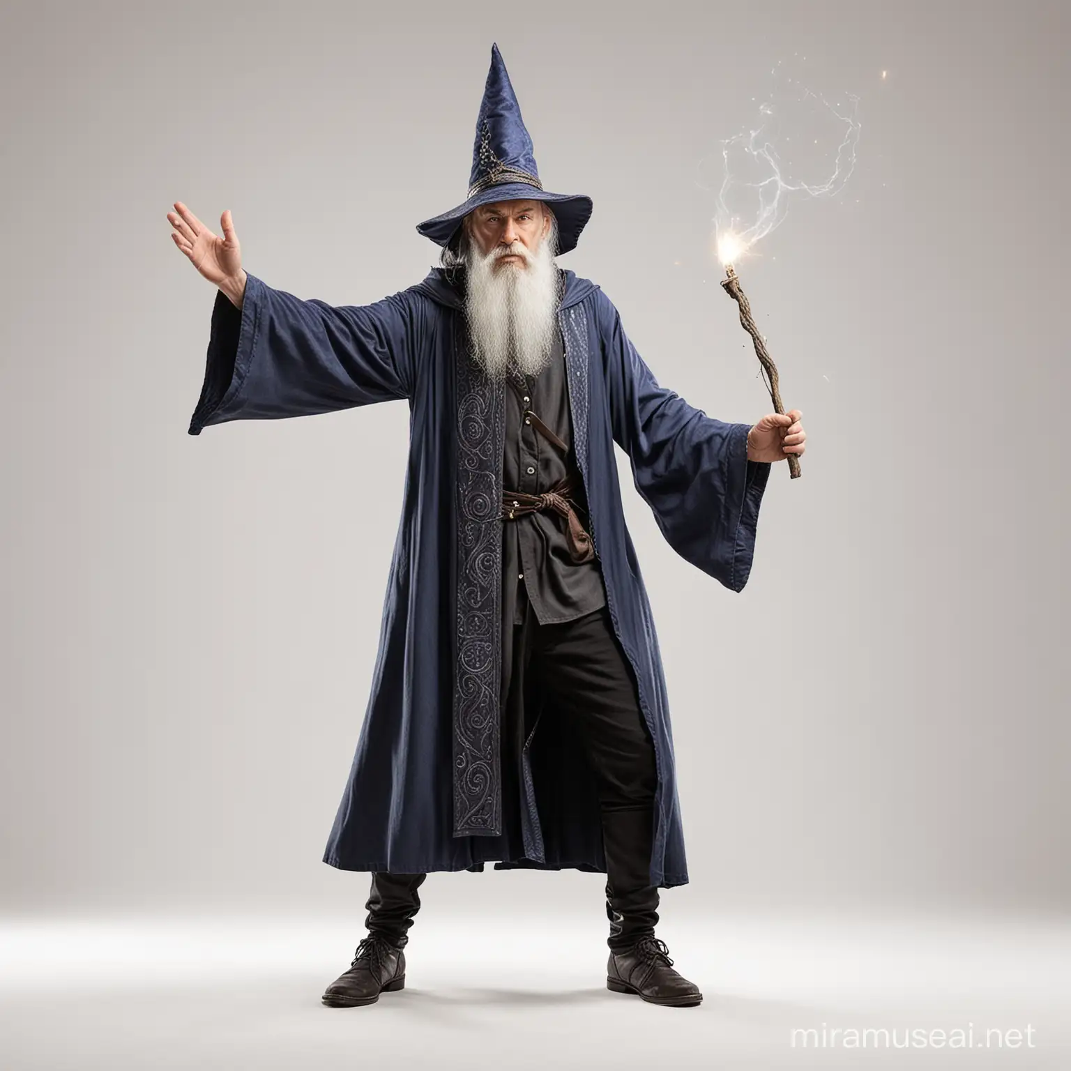 full body of male wizard casting a spell, white background