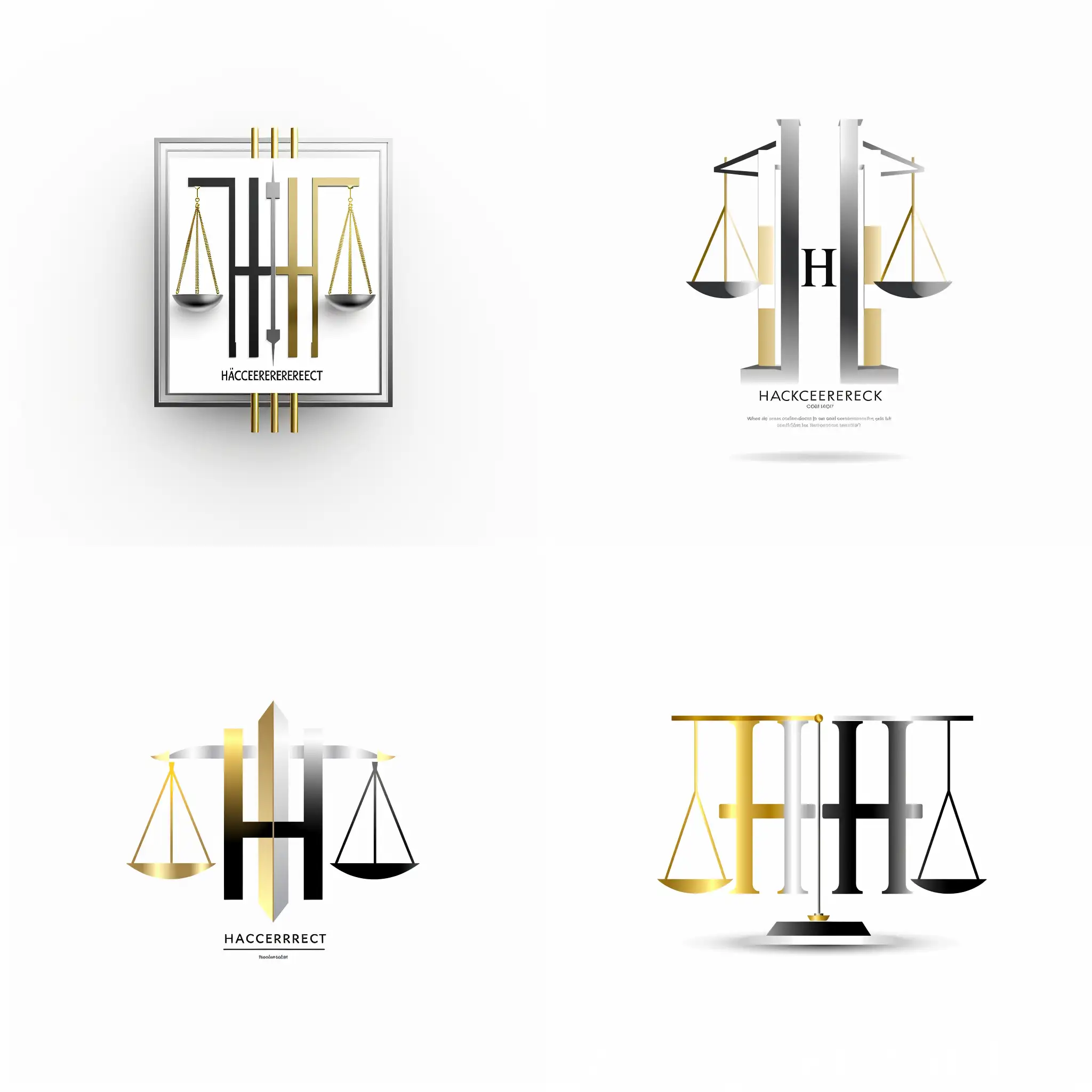 Create a unique logo for a law firm called 'HACKERRECHT' 'Rechtsanwalt',  white background,  (make it in a cool font good to read), 4k, high detail, straight in front centre, golden and silver and black and white, trustworthy, scale, 'HH', business style, simple rectangular parts, vector, Office seriousness, symmetrical, Courthouse, paragraph, Code of Laws, representative, elegant design, formal look, lawyer, subtle frames, Brutalist architecture, legal code, classic elegance, open, rationalistic, futuristic, trend-setting