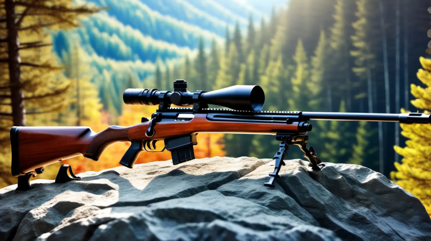 hunting rifle on rock, scenic forest sunny and bright background