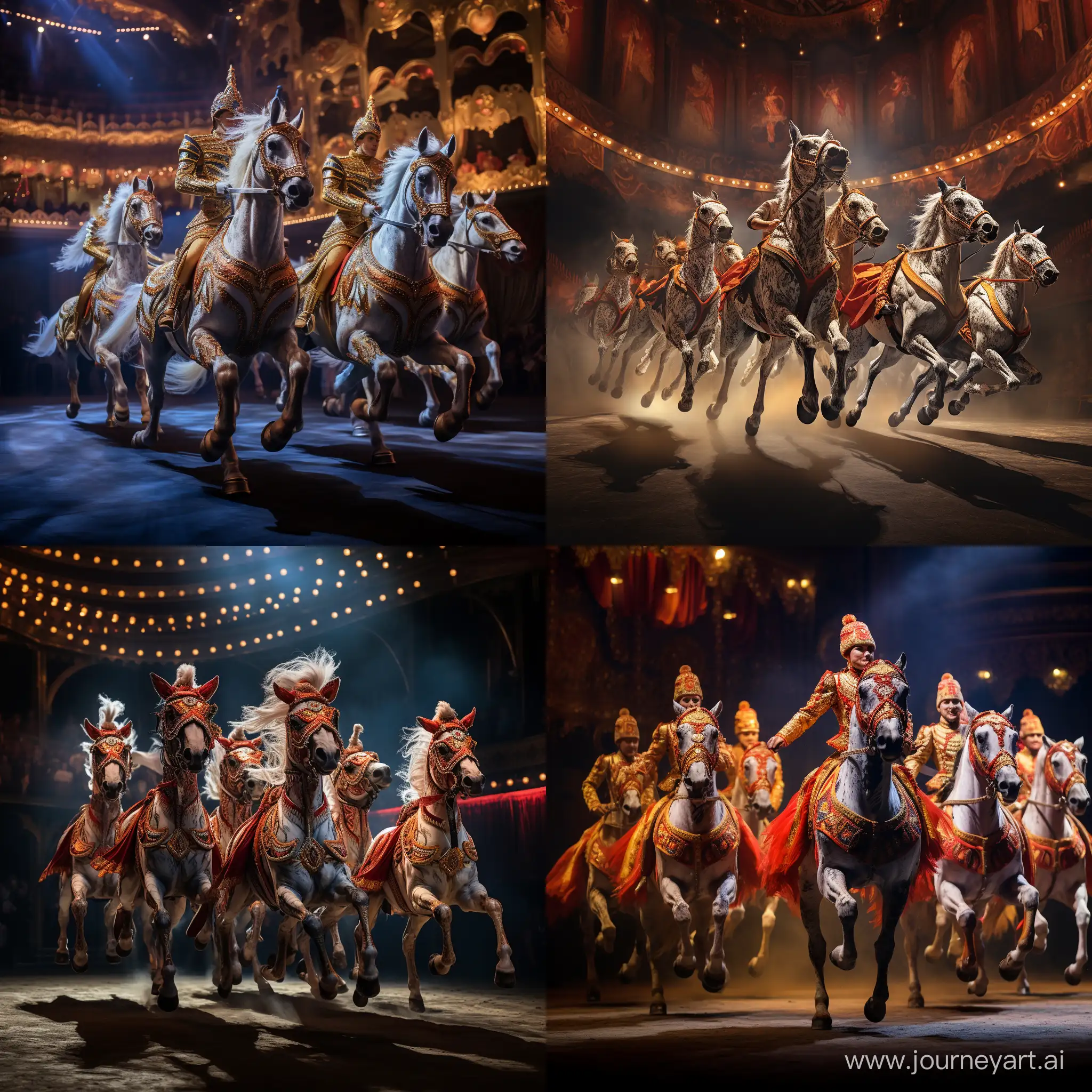 Ярко украшенные лошади гарцуют на представлении в конном театре, на некоторых лошадях сидят актёры театра в костюмах 19 века,сцена театра в ярких огнях, фотография, гиперреализм