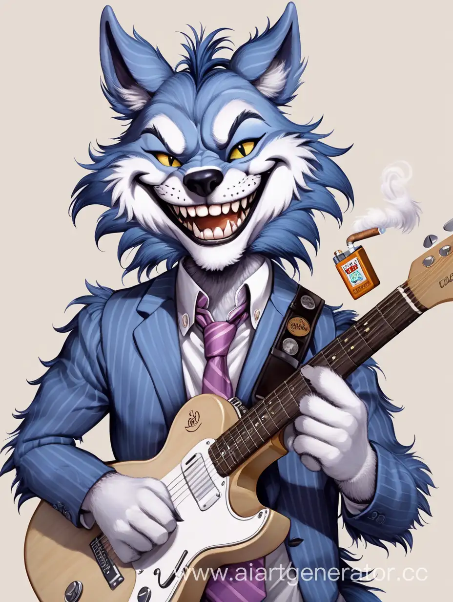 фурри волк с улыбкой чеширского кота и сигаретой с гитарой и бритыми висками 