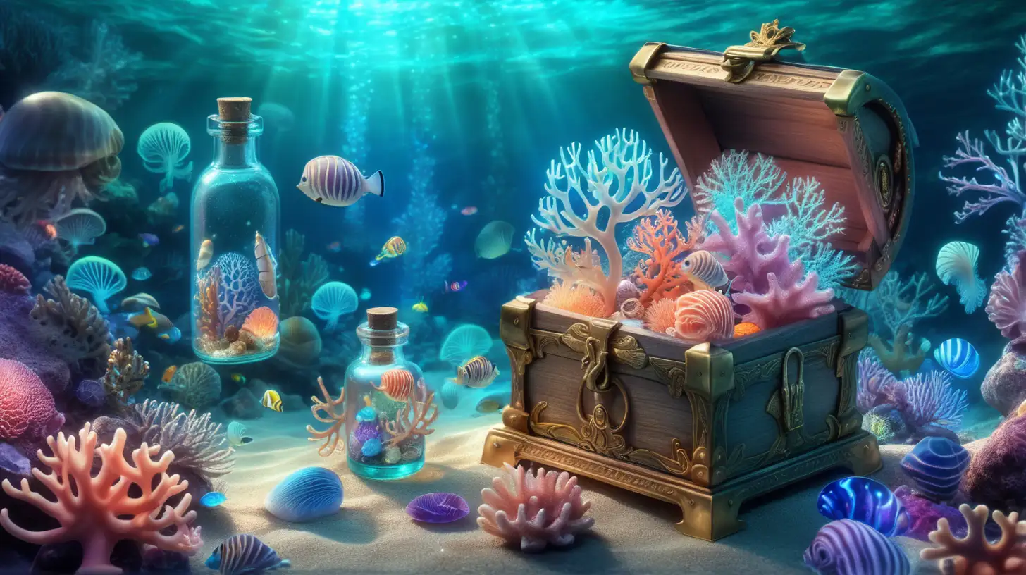 magical underwater, small treasure box of glowing mollusks, fairytale, magical, glowing corals and inside bottles are iridescent coral, 8K.
