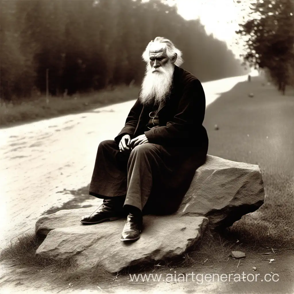 Лев Толстой сидит на камне у дороги