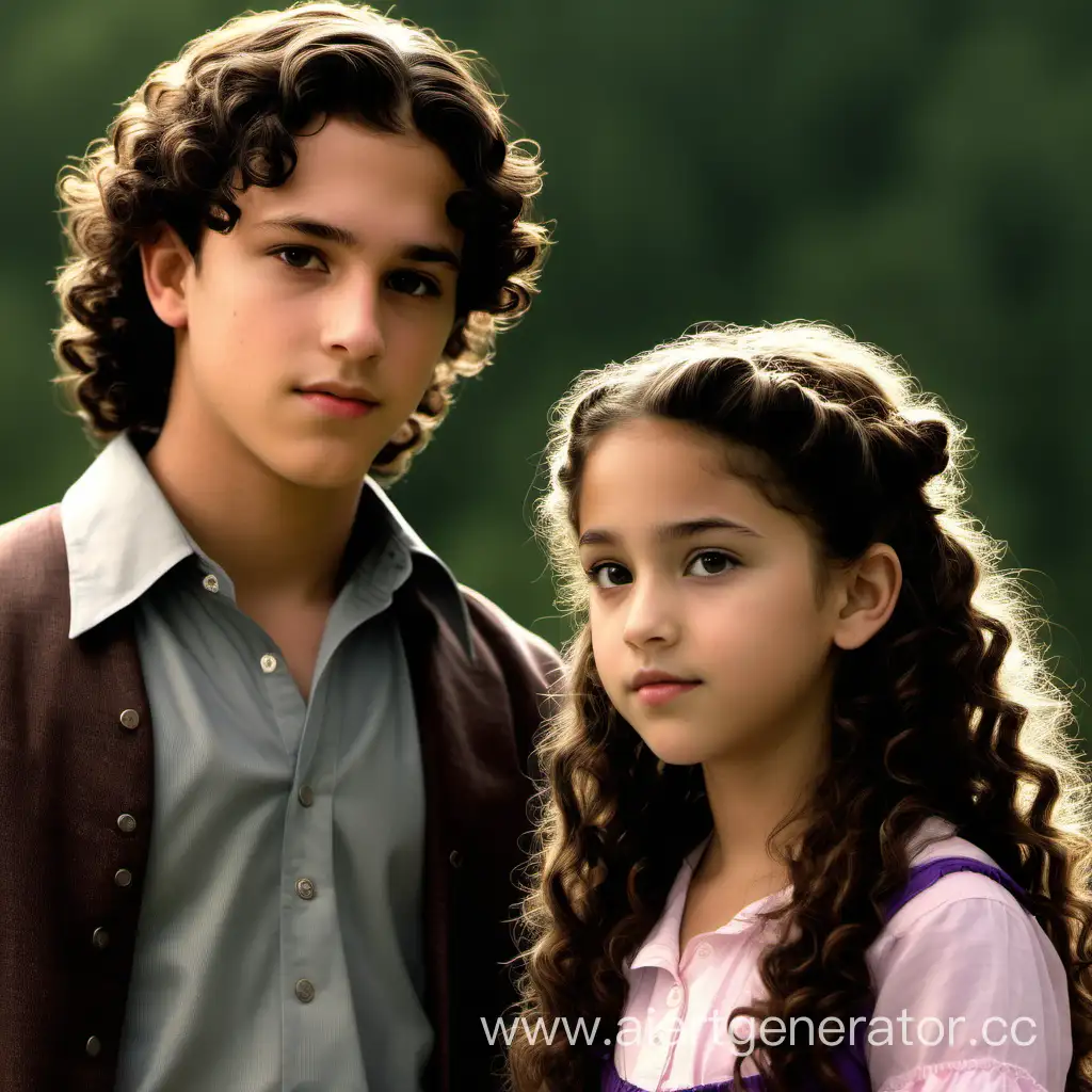 Create an image of this scene: 
Landon does Jessica's hair.

Jessica - a 13-year-old hispanic girl, with an innocent look with long curly hair, dressed in beautiful clothes.

Landon - a 19-year-old man, with a distinguished feel. he's a hispanic prince with short  dark hair and piercing eyes

