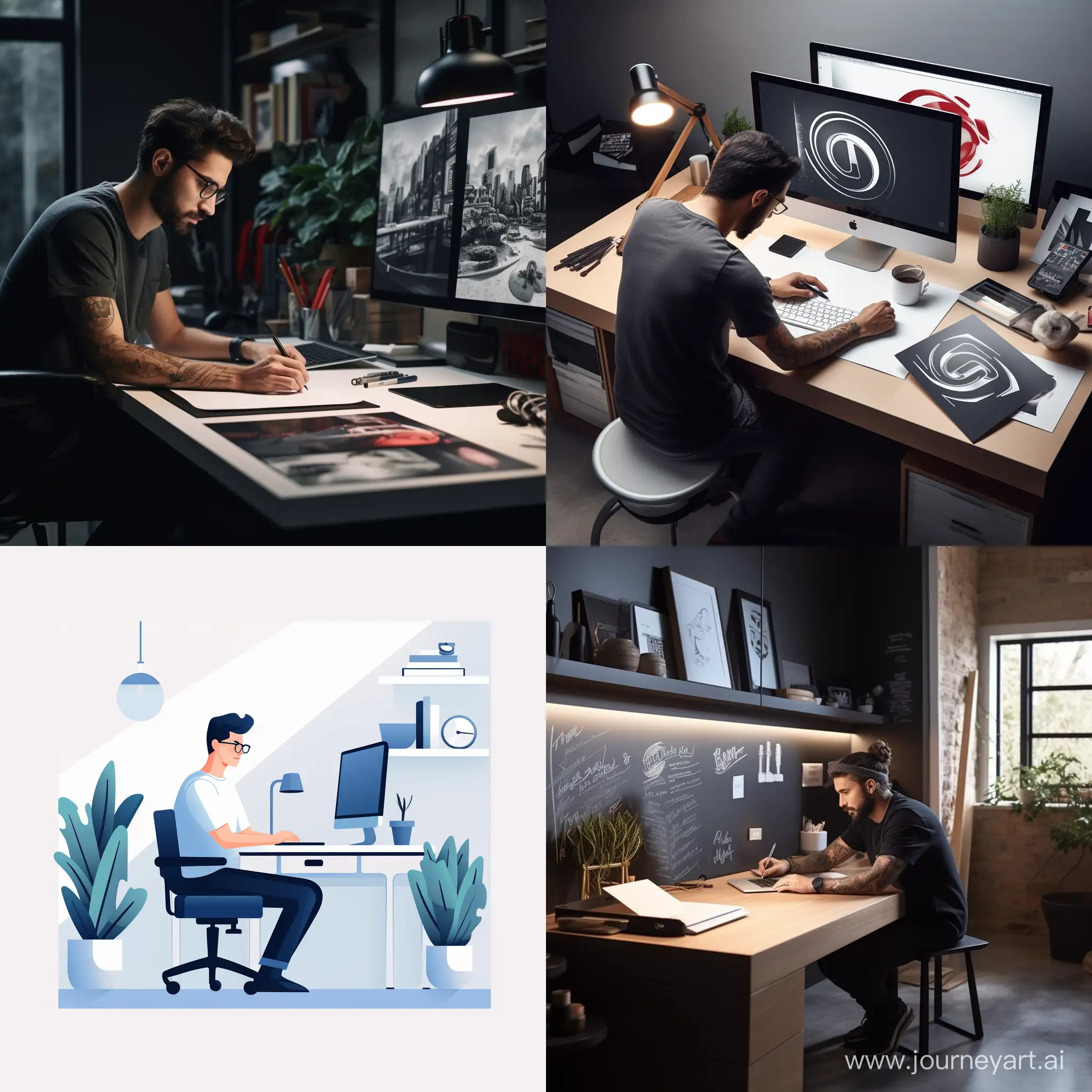 imagine a graphic designer while he is sketching a logo in his modern and minimal office.
