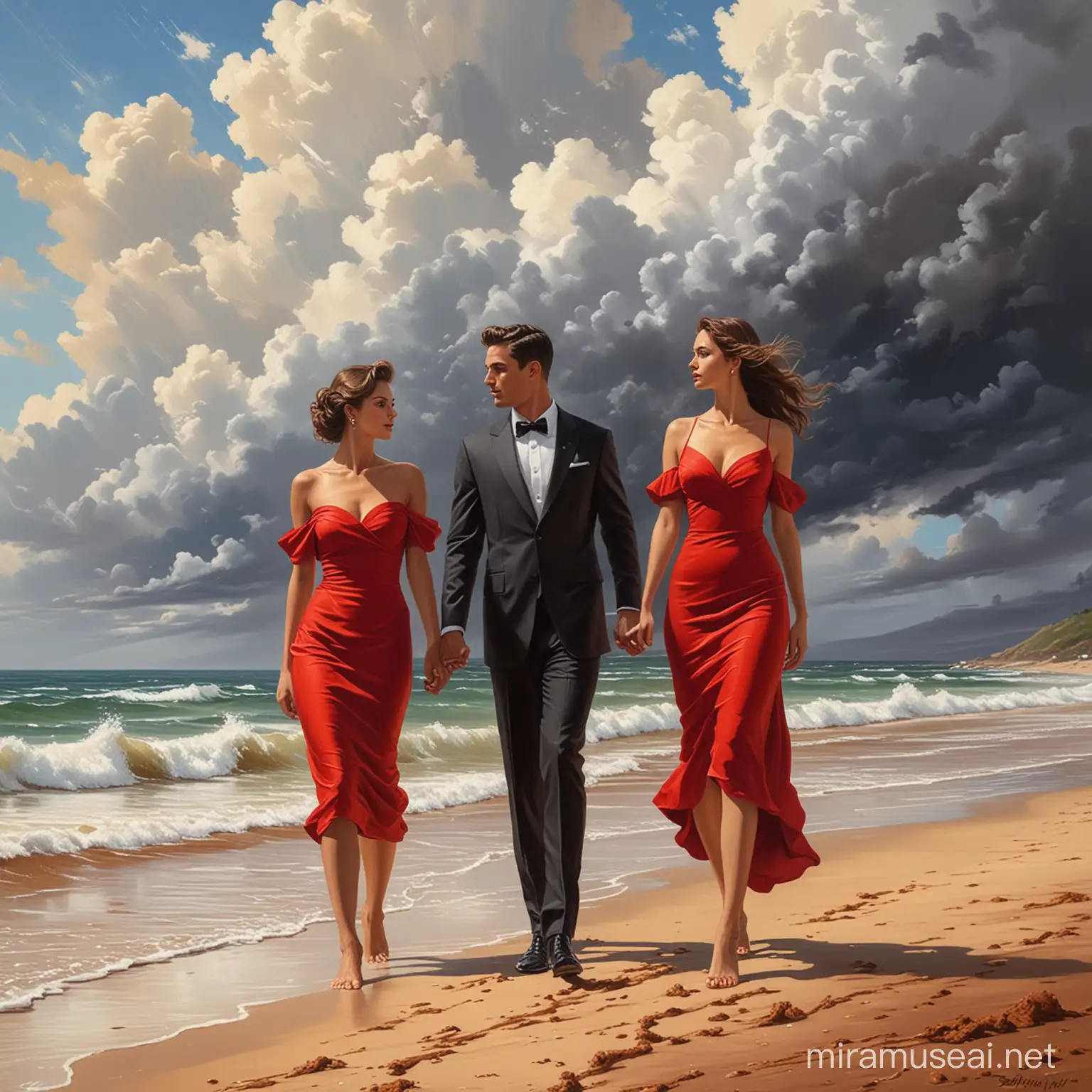 Oil painting men and women at the beach with brown sand waiting and expecting something or someone showing with finger in the distance, dressed in elegant outfit, red dress, black suit, windy, moist, beautiful clouds 