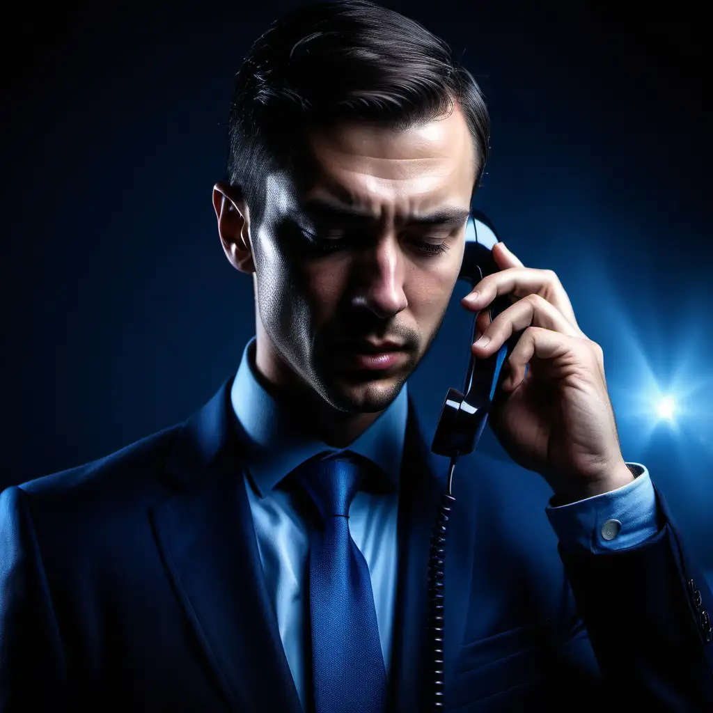 Businessman Talking on Phone with Intense Concentration in Dimly Lit Setting