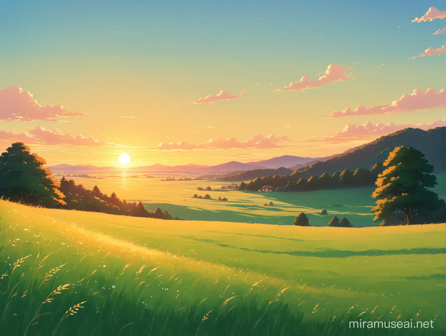 green meadow in sunset, with clear soft blue wide sky, beautiful ambiance, golden hour, ghibli style
