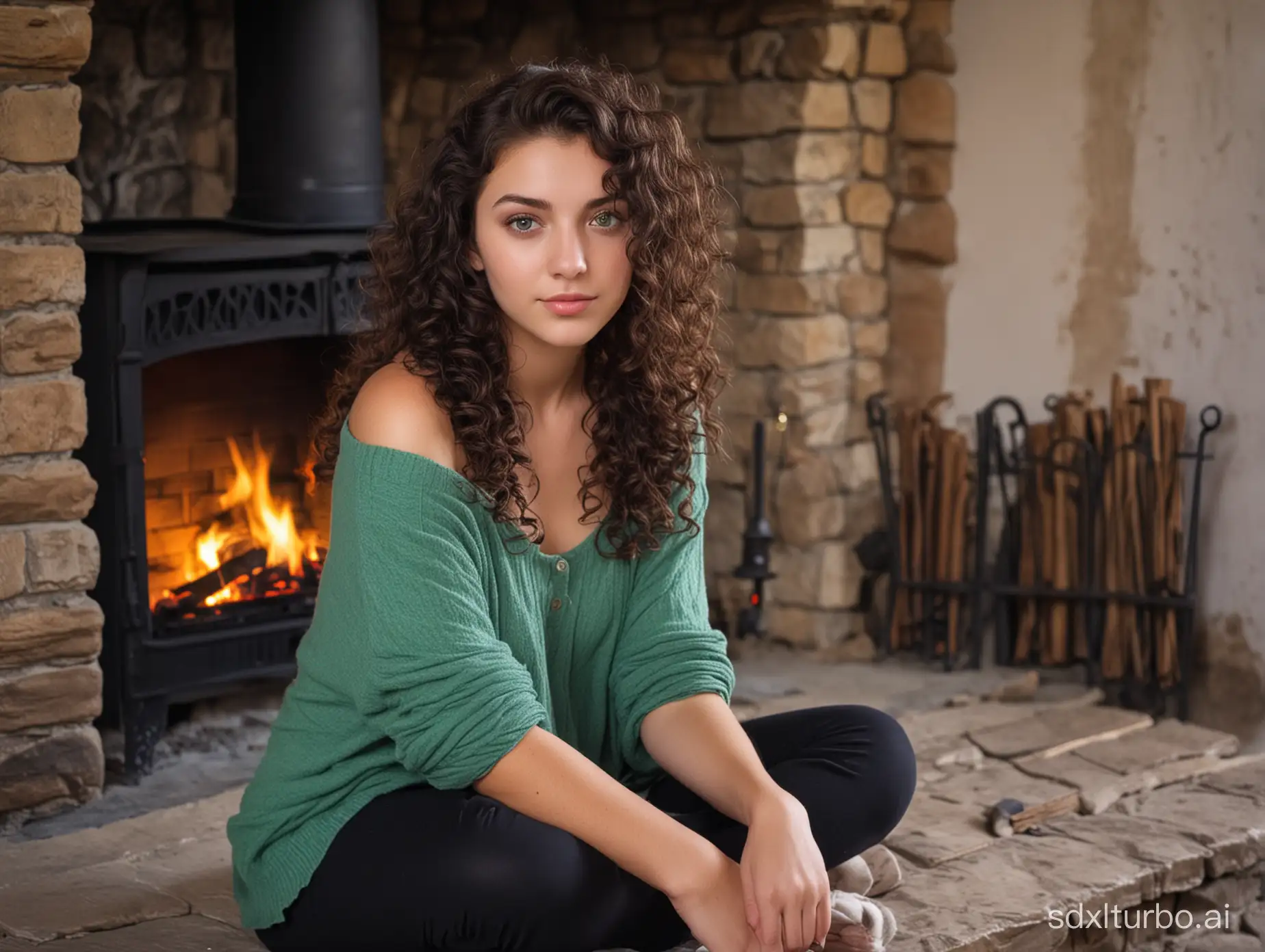 Beautiful girl 22 years old, green eyes sitting in front of a fire place at the old house black curly hairs body free of clothes