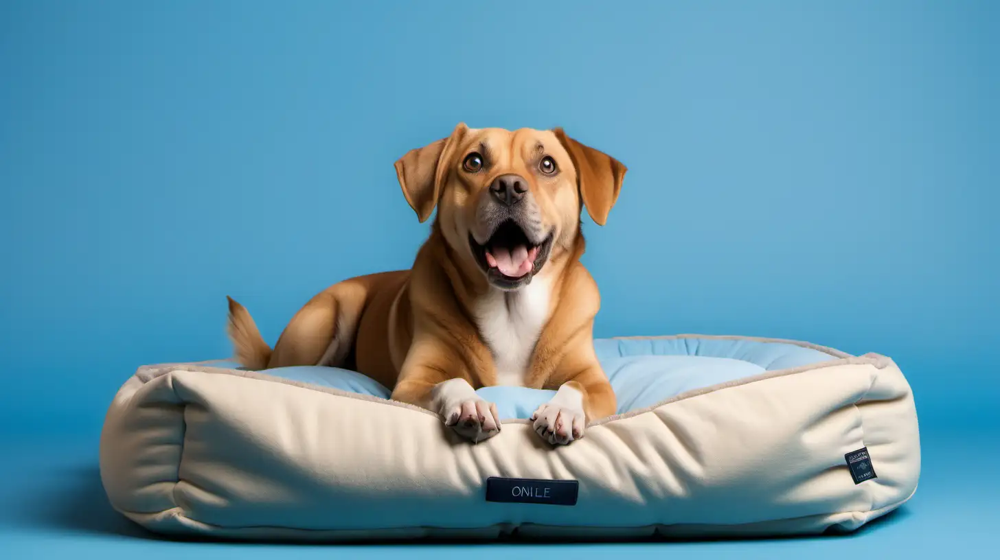 create 404 (error) page for an online store selling dog beds. The page shall look funny and shall portrait a surprised dog looking upwards. The dog color is beige, the dominant background color is bright sky blue. The image shall target middle age female audience.