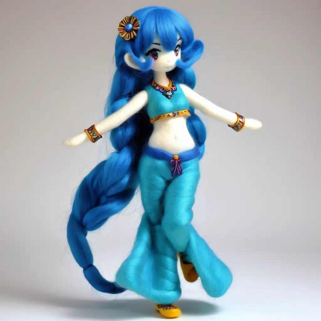Anime Female Genie with Blue Hair in Full Body Needlefelt Art