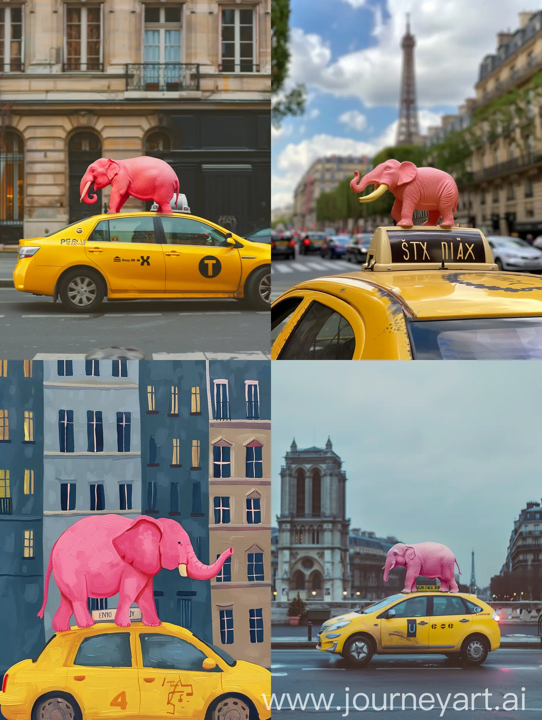 pink elephant in Paris on yellow taxi 