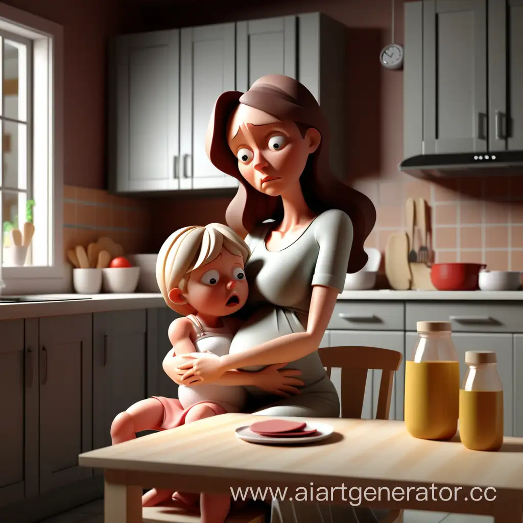 A tired wife on maternity leave is sitting in the kitchen with a child 3d render