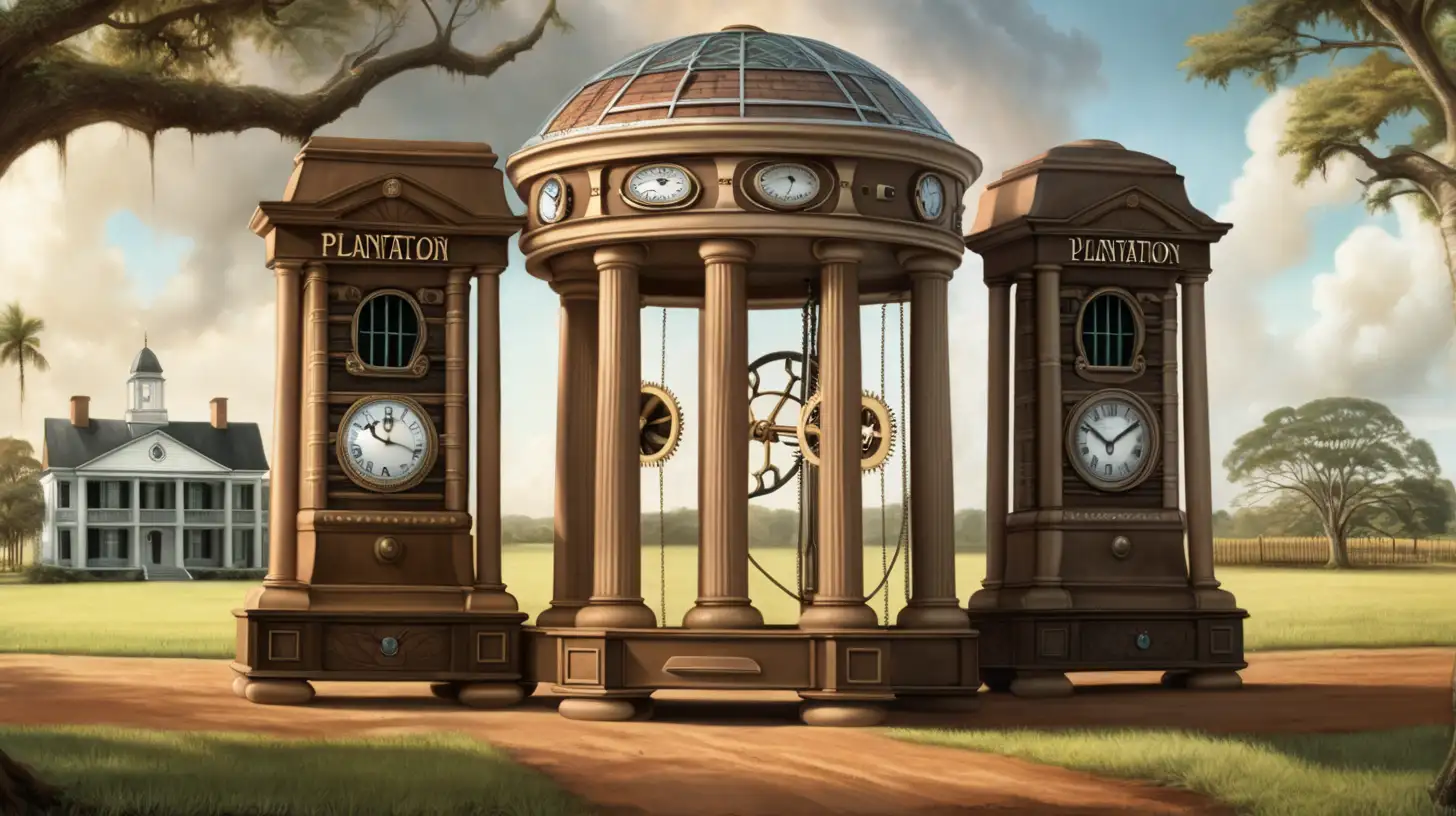 a time machine shaped like a clock in the old south with plantation in background