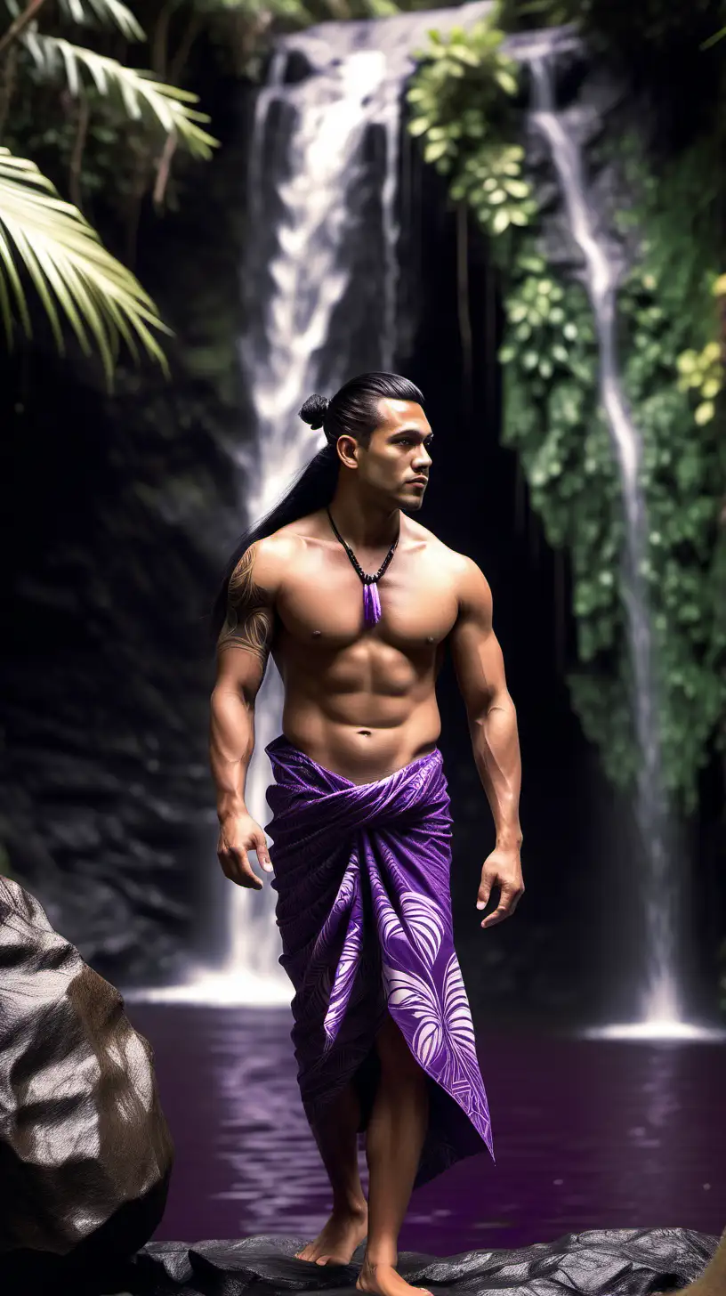 Realistic handsome Polynesian male model with long black hair up in a bun and toned body wearing a purple Polynesian designs sarong walking near a waterfall showing a full body shot from the top of his head to his feet.