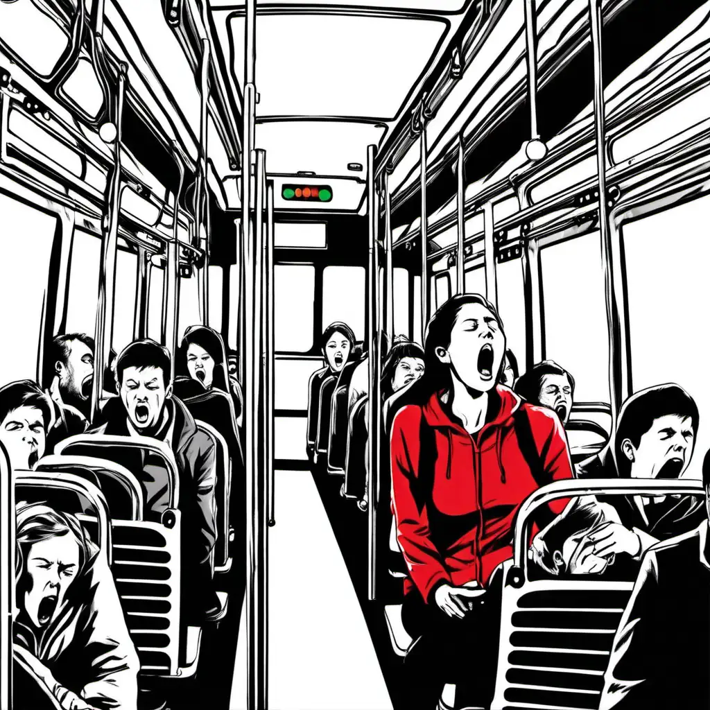 Passenger Yawning on Bus in Striking Red HD Image