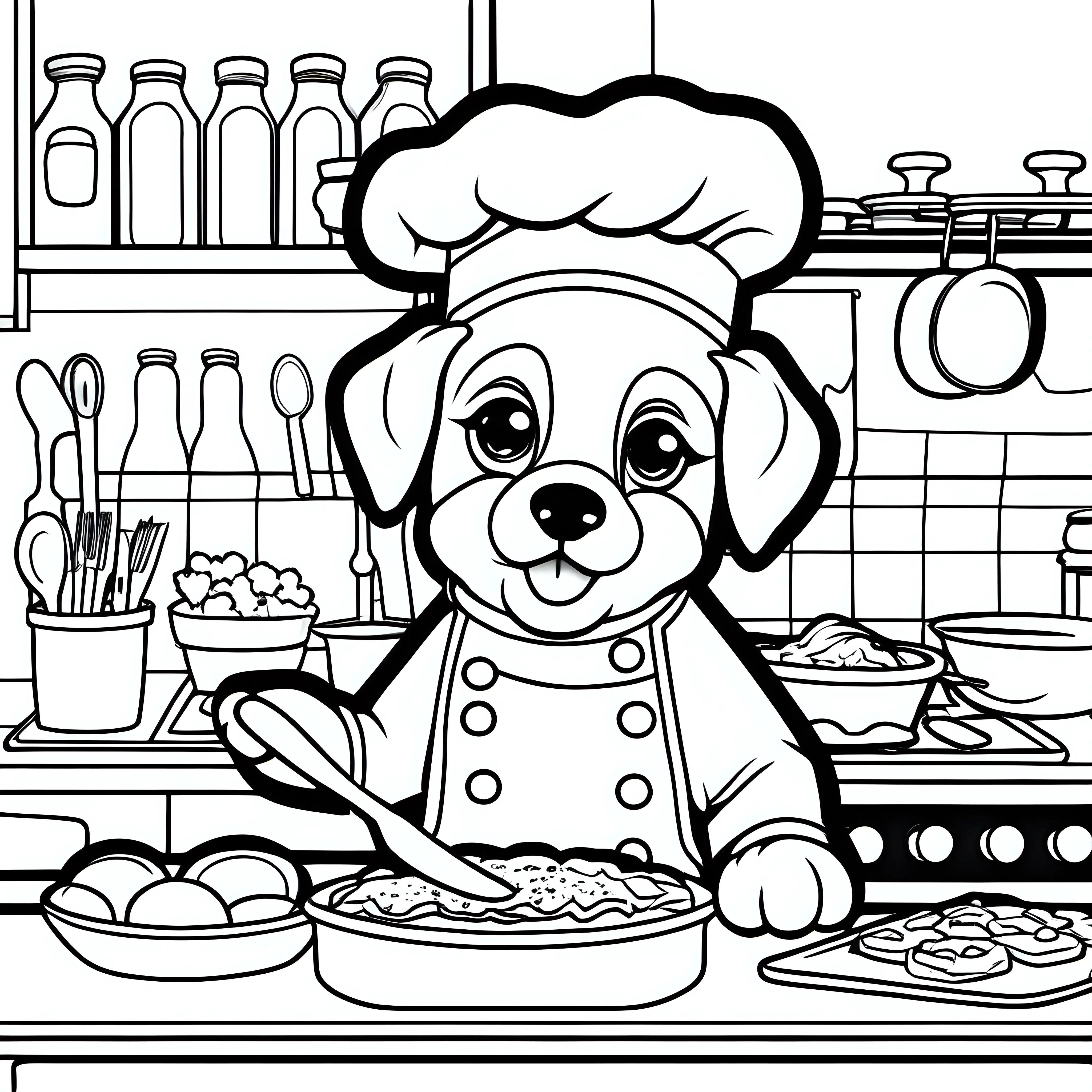 coloring book for kids, simple, adult coloring book, no detail, outline no color, puppy dog chef making breakfast,  fill frame, edge to edge, clipart white background --ar 17:22