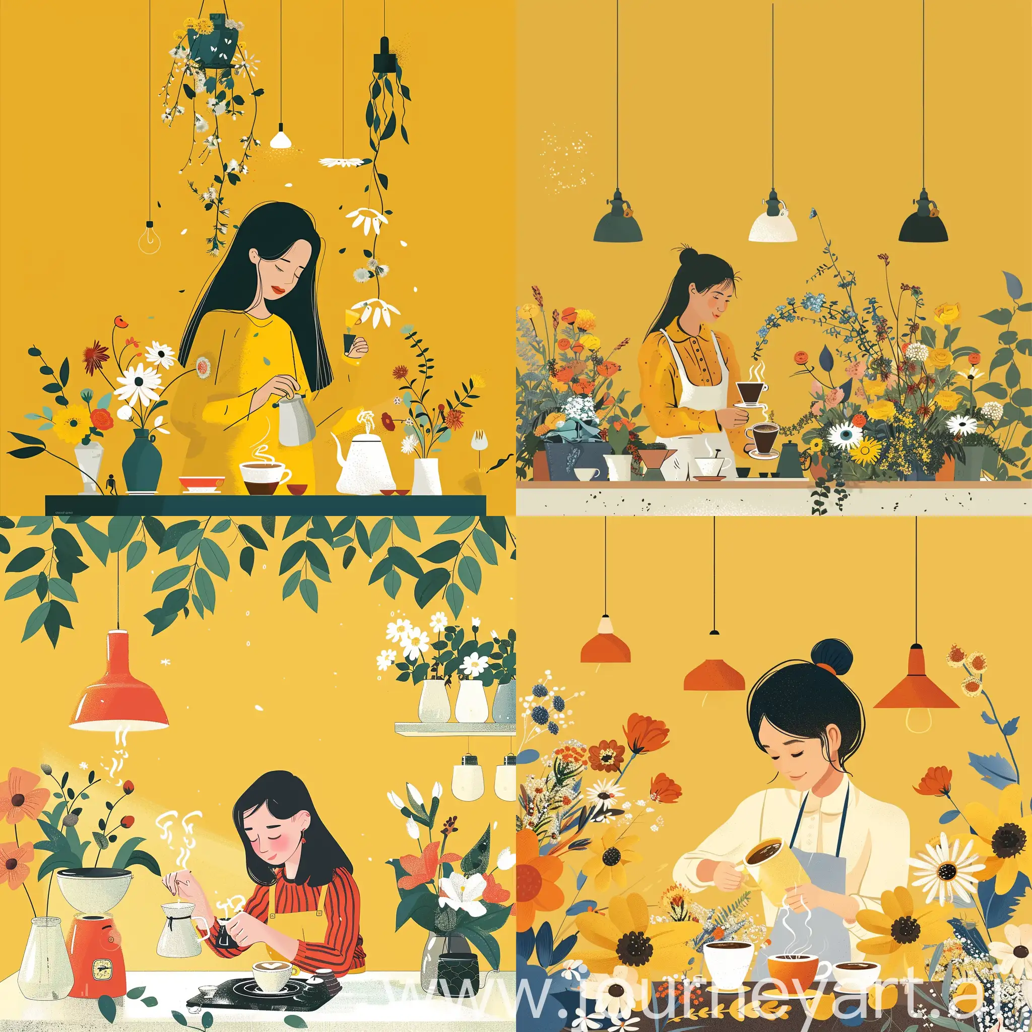 Woman-Making-Coffee-Surrounded-by-Flowers-in-Cozy-Interior-Graphic-Poster-Design