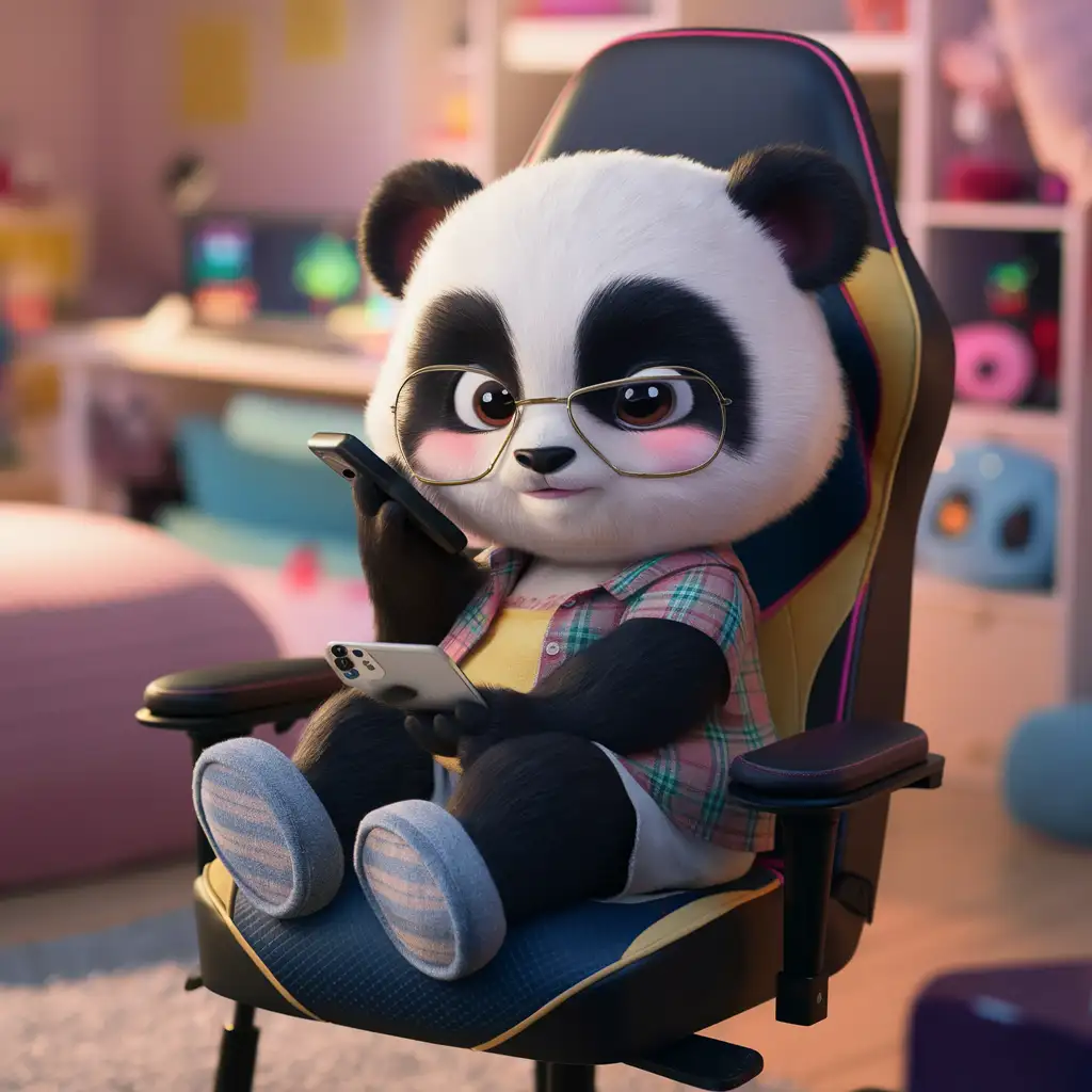 A panda, petite, very cute, wearing glasses, a plaid shirt, and slippers, holding a mobile phone in his hand, sitting on a gaming chair in the bedroom, thinking with his head tilted, cute expression, anthropomorphic image, cartoon style