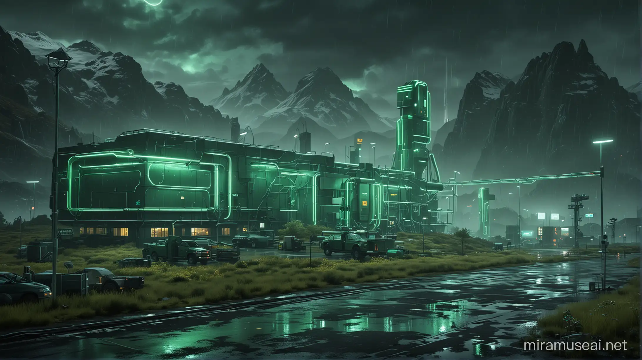 Realistic research centers with one worker around it, green neon and huge neon lights inside the part, its color shadow on the floor, Rainy weather, staff in dark green uniforms and helmets, Atmospheric and cinematic, The huge structures, A dark green smoke rose from the research centers environment and spread in the air, The image space is outside the realistic research center.
with huge satellite antennas,
A huge cubic green neon object,
in the Realistic mountains.
atmospheric and cinematic.
All overall dark green image theme.
Very big lights and lots of green neon lights.
The neon lights in the image should be very bright throughout the image.
The neon lights in the picture should be very bright in the dark
The neon lights in the picture should be very bright.
Very large and bright neon lamps in the structure.
Shades of green throughout the image.
3D.
Several large advanced and strange buildings nearby.