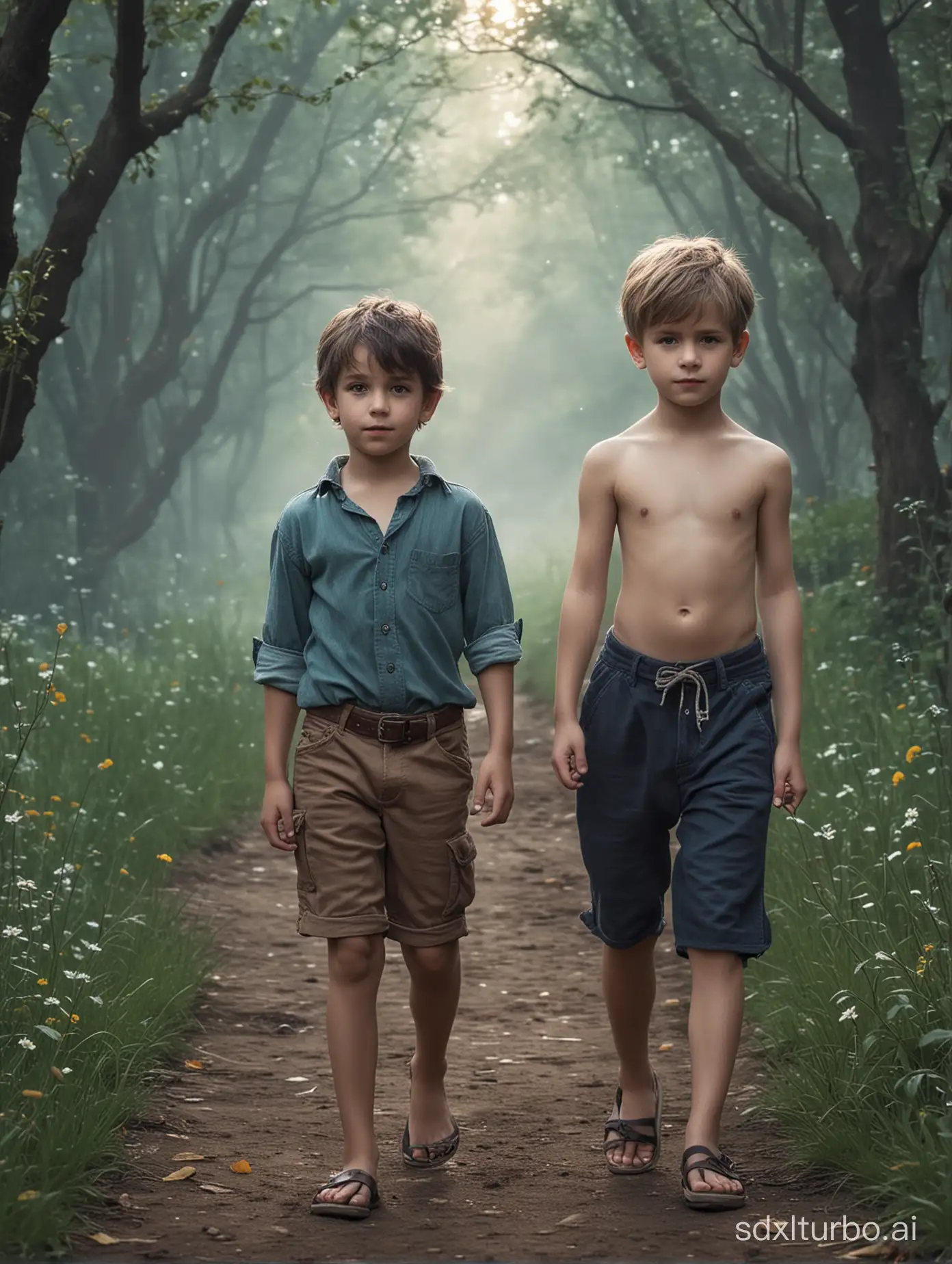 Young-Boys-Embracing-Fantasy-Adventure-in-Enchanted-Forest